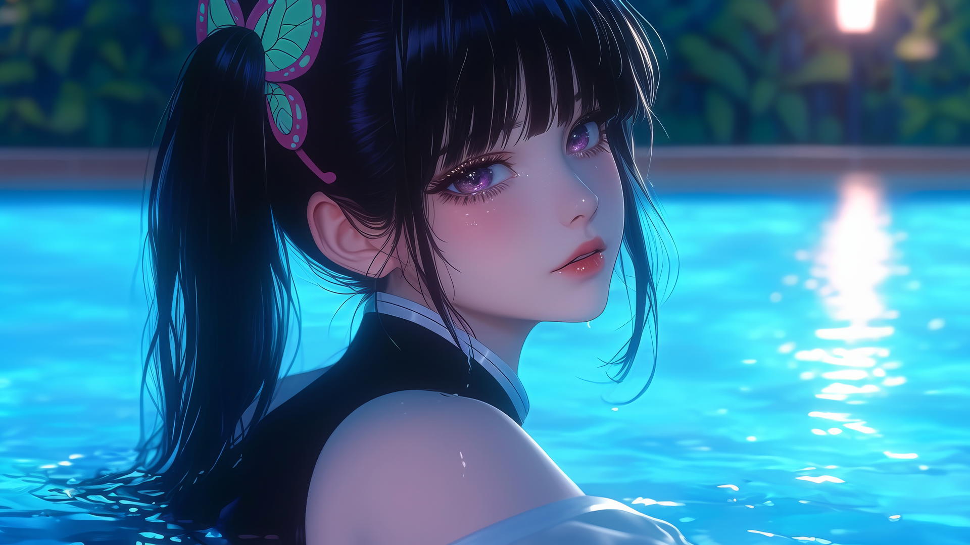 Kanao Tsuyuri from Demon Slayer resting at a swimming pool under moonlight with butterfly hair ornament.