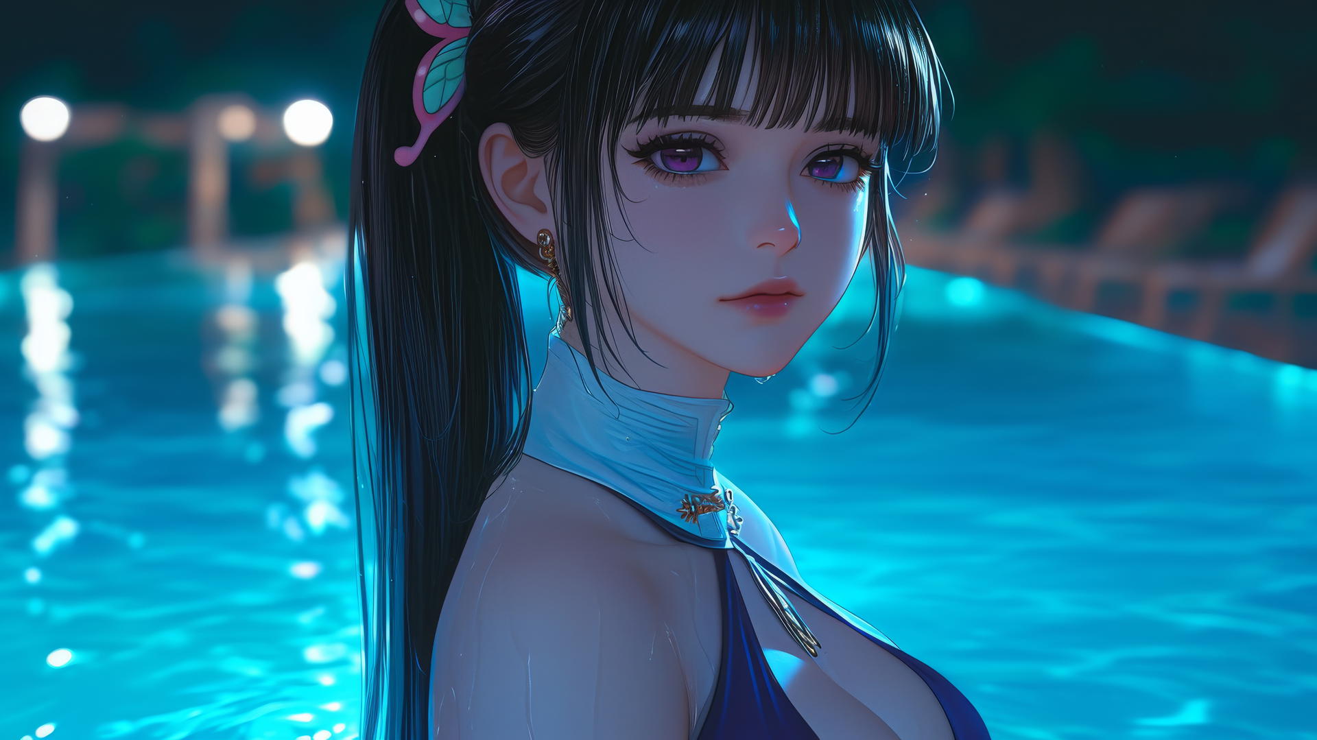 Kanao Tsuyuri from Demon Slayer resting by a swimming pool under moonlight.