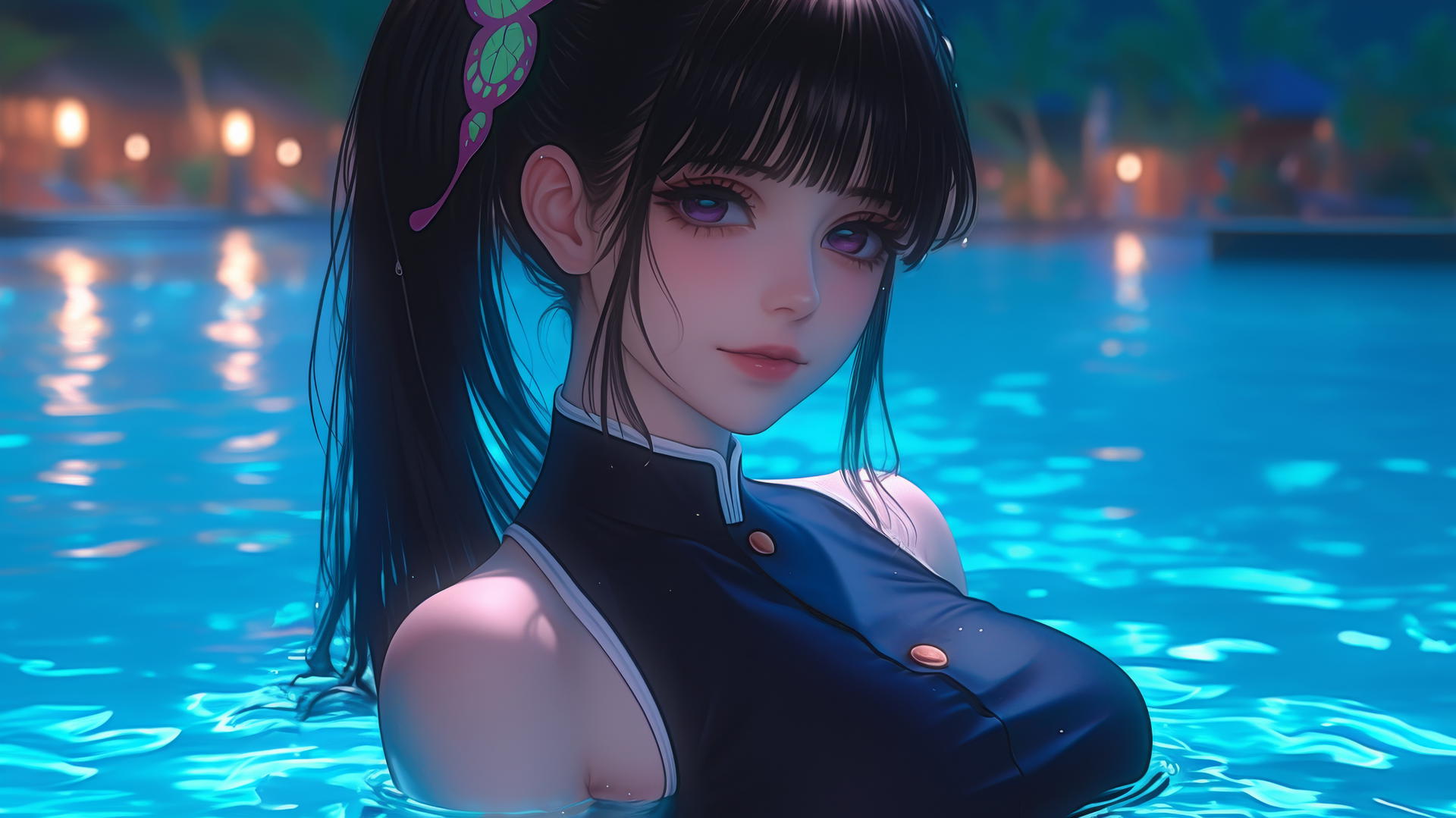 Kanao Tsuyuri from Demon Slayer resting at a pool under moonlight