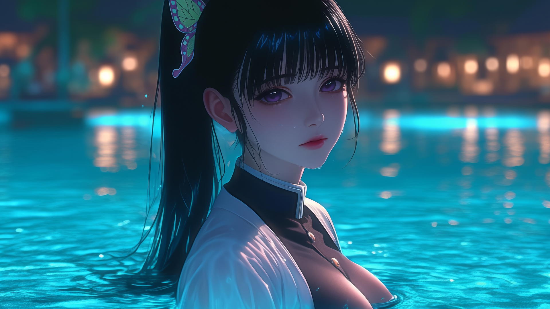 Kanao Tsuyuri from Demon Slayer resting by the pool under moonlight.