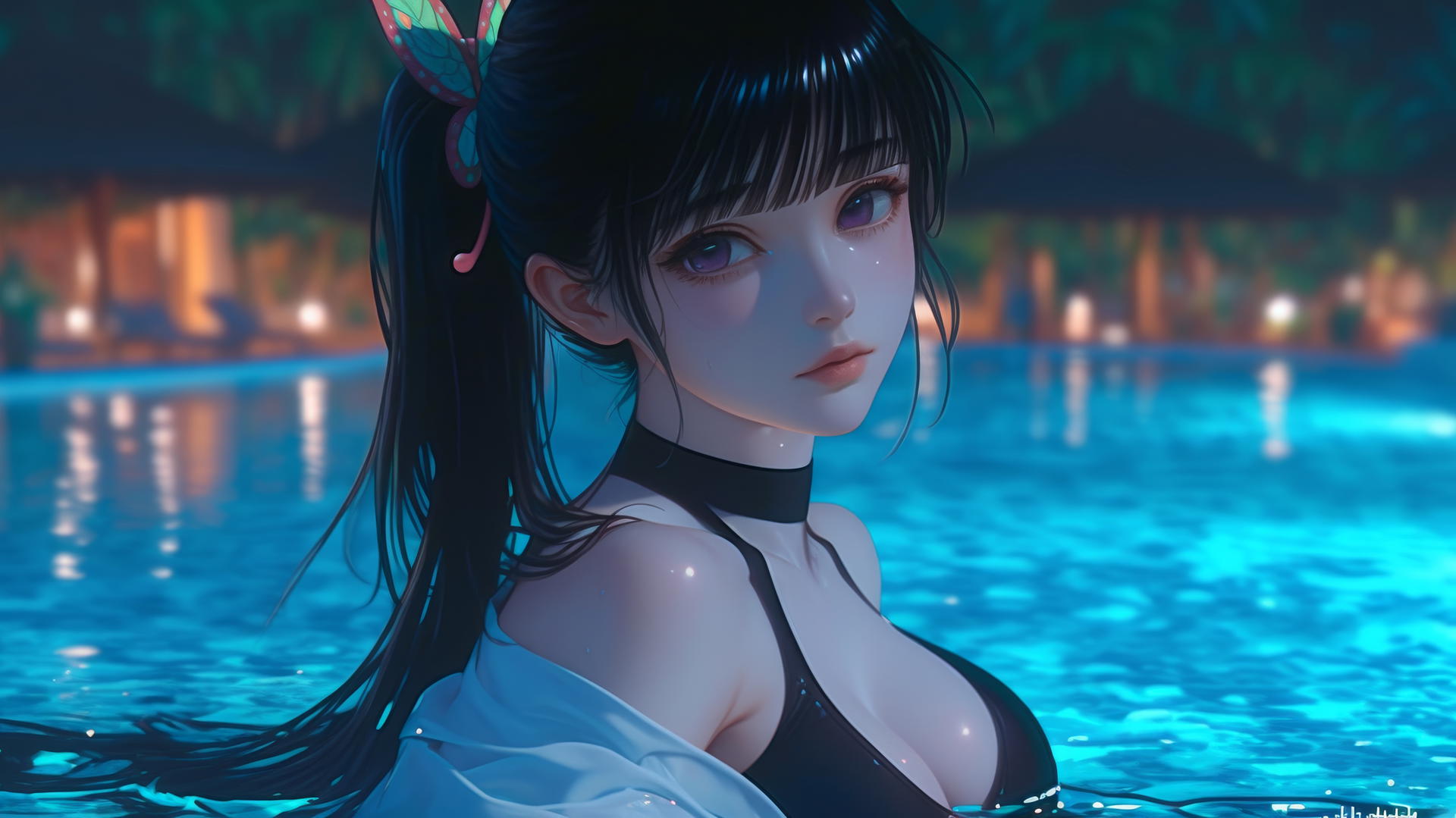 Kanao Tsuyuri from Demon Slayer resting by a swimming pool under moonlight.