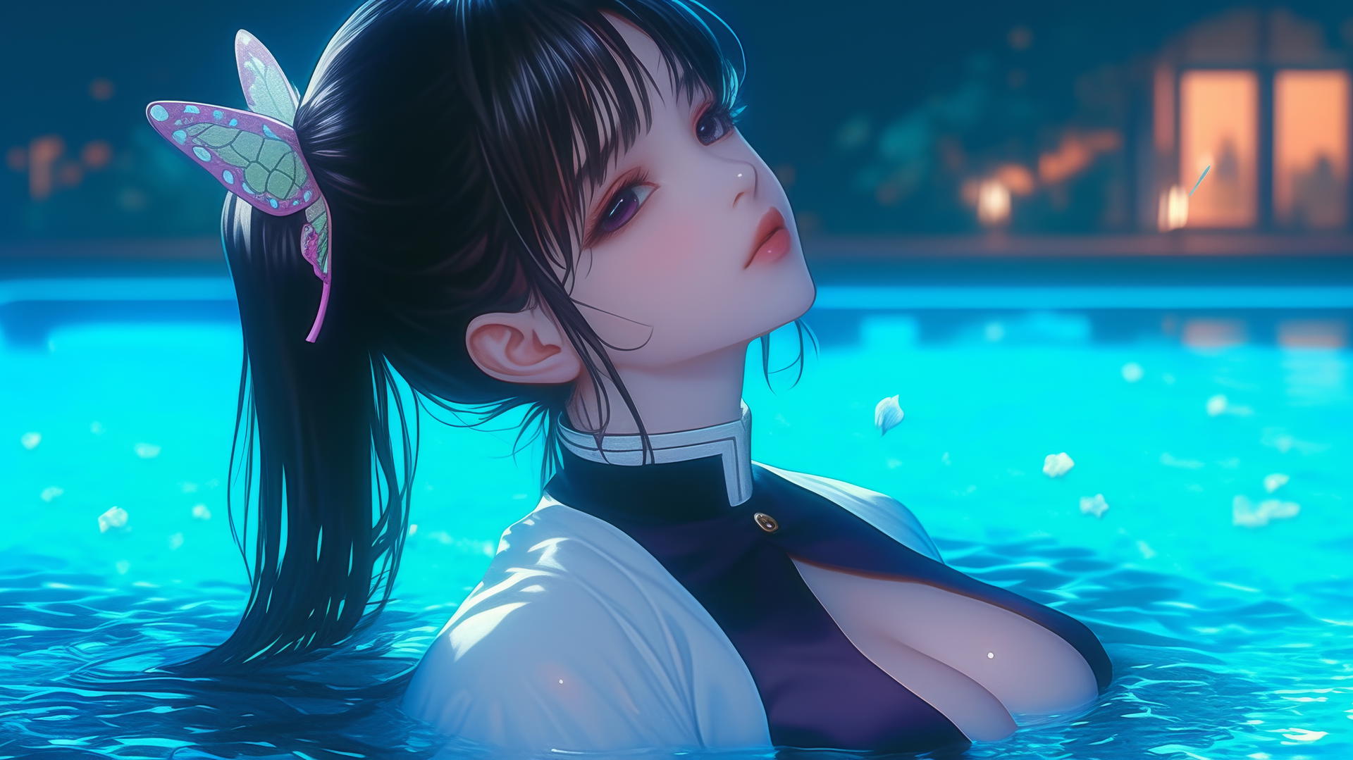 Kanao Tsuyuri resting by a swimming pool under moonlight, dark lilac eyes, butterfly hair ornament