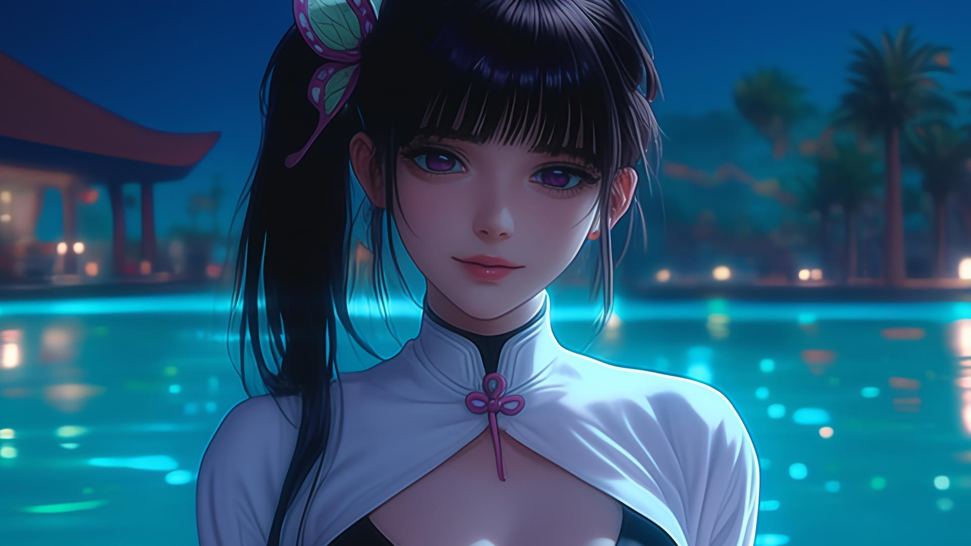 Kanao Tsuyuri resting by a pool under moonlight with a butterfly hair ornament.