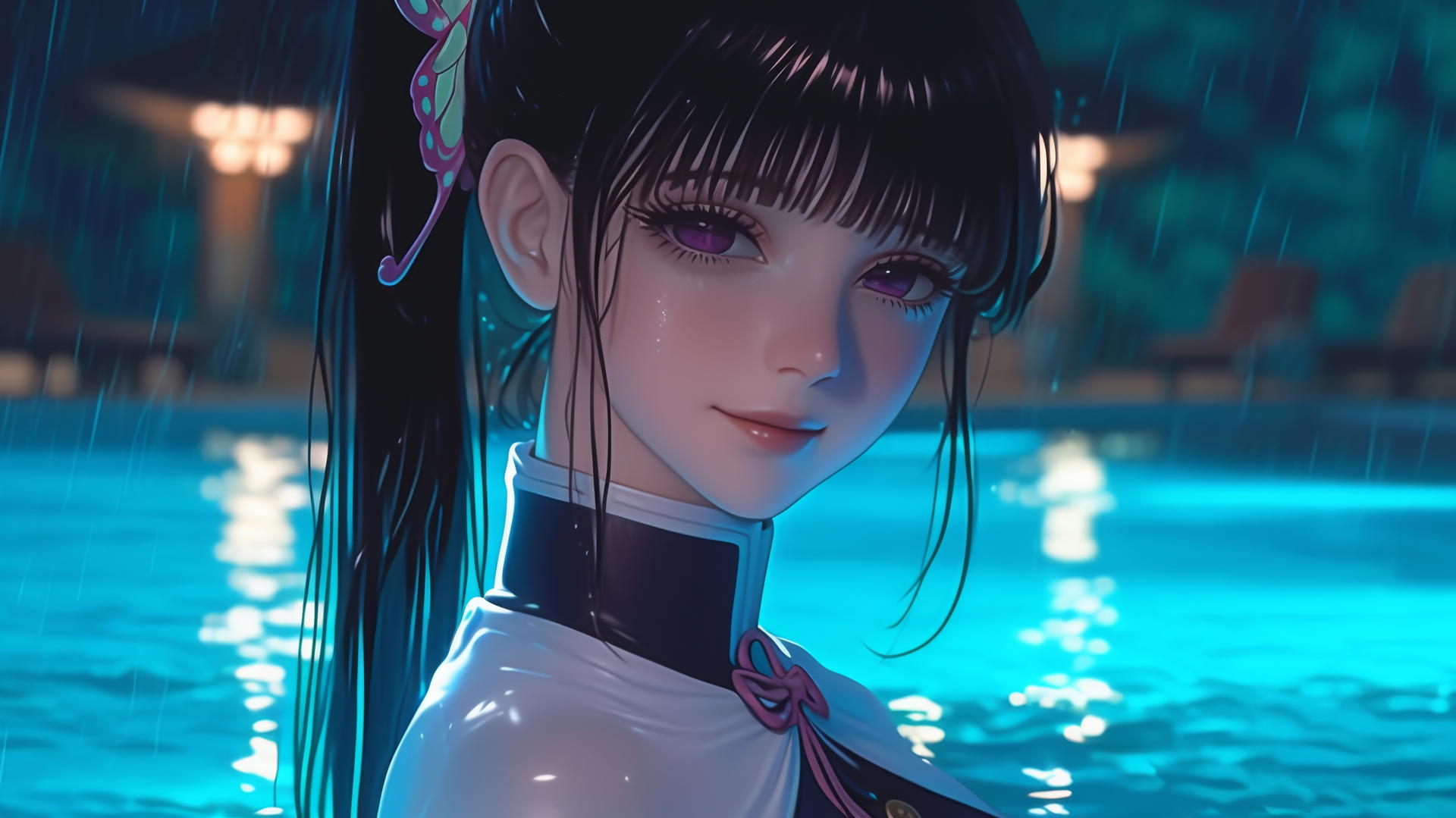 Kanao Tsuyuri from Demon Slayer resting by a swimming pool under moonlight with a butterfly ornament in her hair.