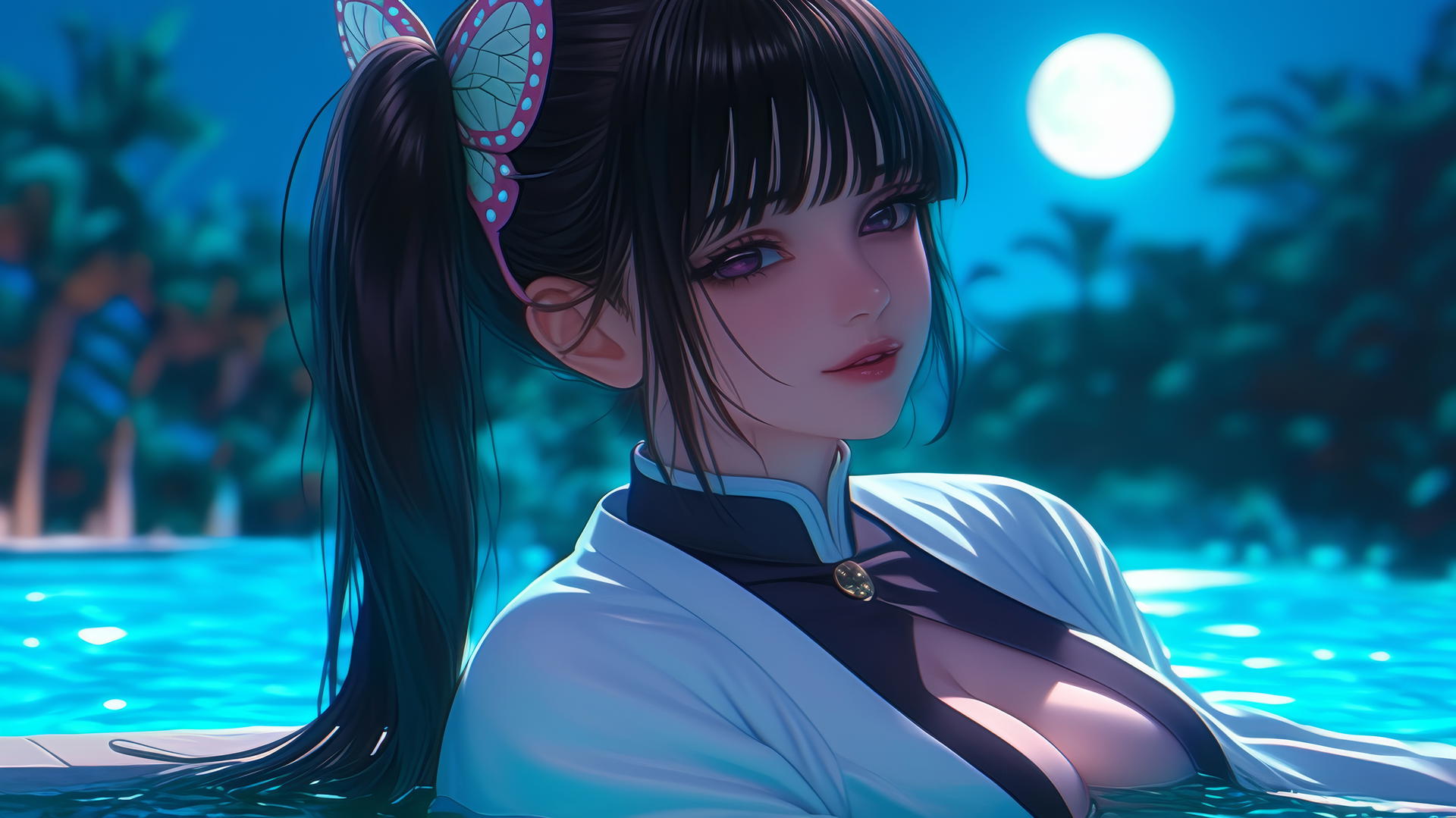 Kanao Tsuyuri from Demon Slayer resting by a pool under moonlight, black hair in ponytail with butterfly ornament, dark lilac eyes.