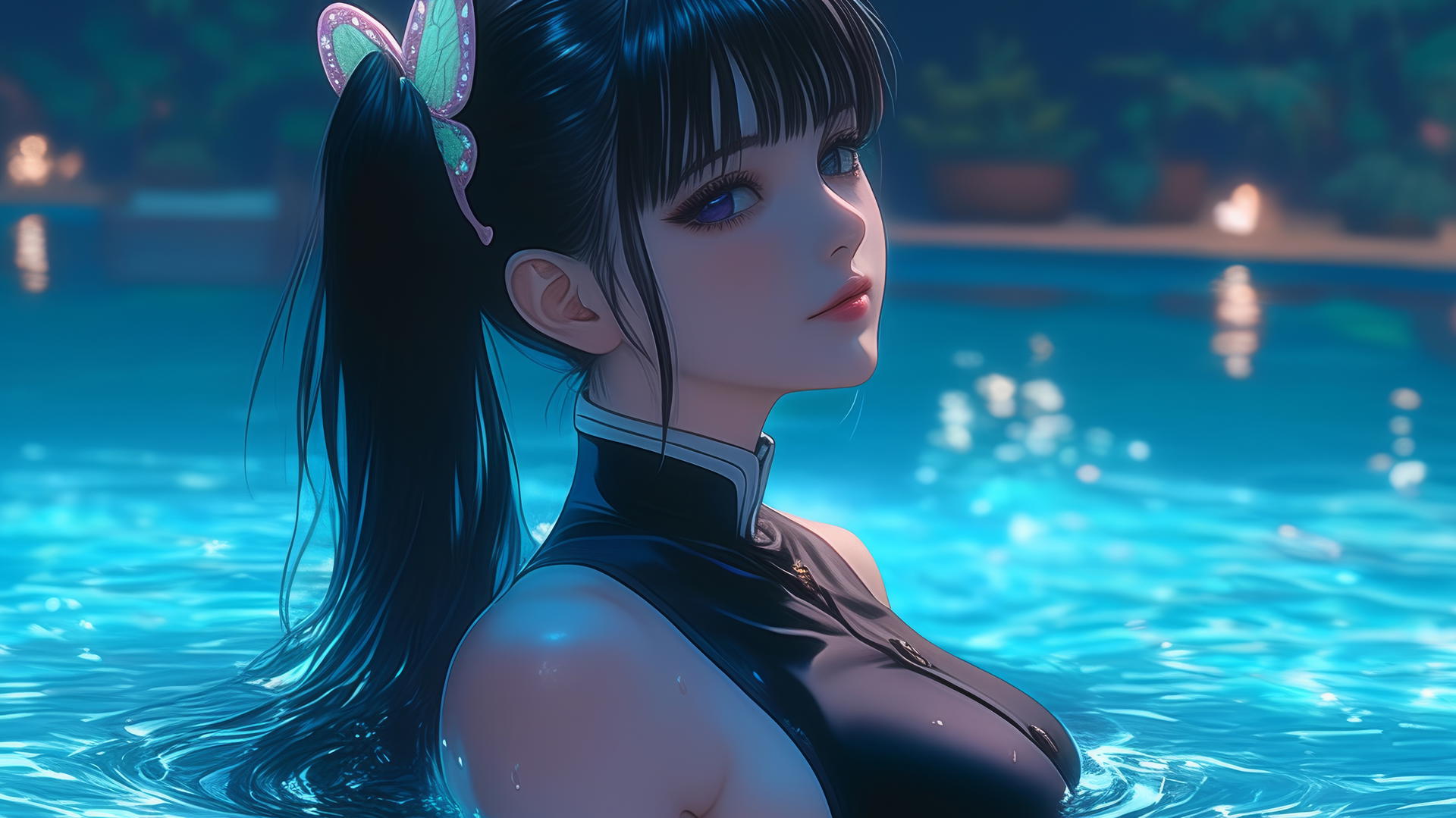 Kanao Tsuyuri from Demon Slayer resting by a pool under moonlight