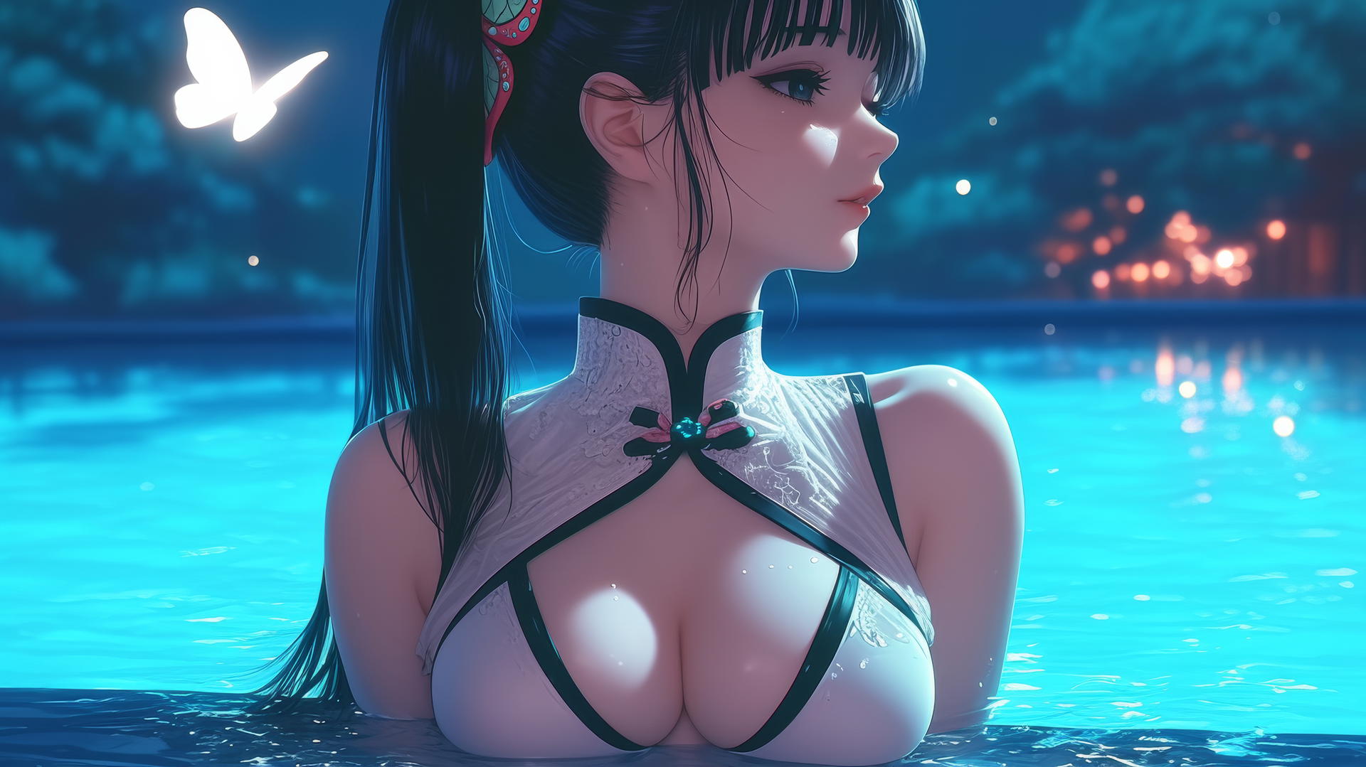 Kanao Tsuyuri from Demon Slayer resting by a moonlit swimming pool