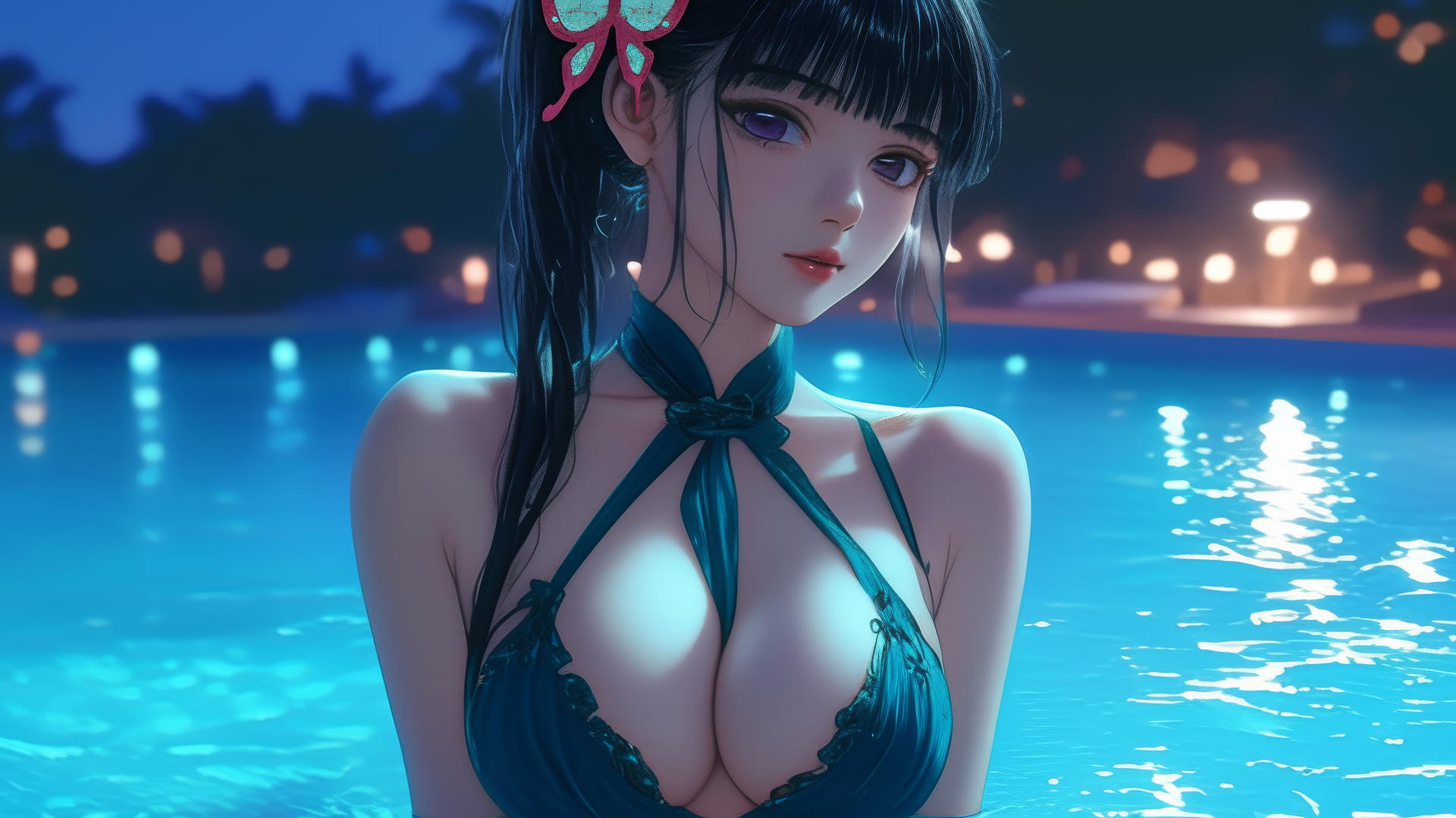 Kanao Tsuyuri from Demon Slayer resting by a swimming pool under moonlight with butterfly ornament.