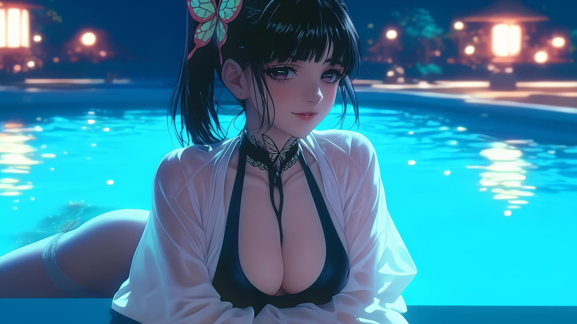 Kanao Tsuyuri from Demon Slayer resting by a swimming pool under moonlight.