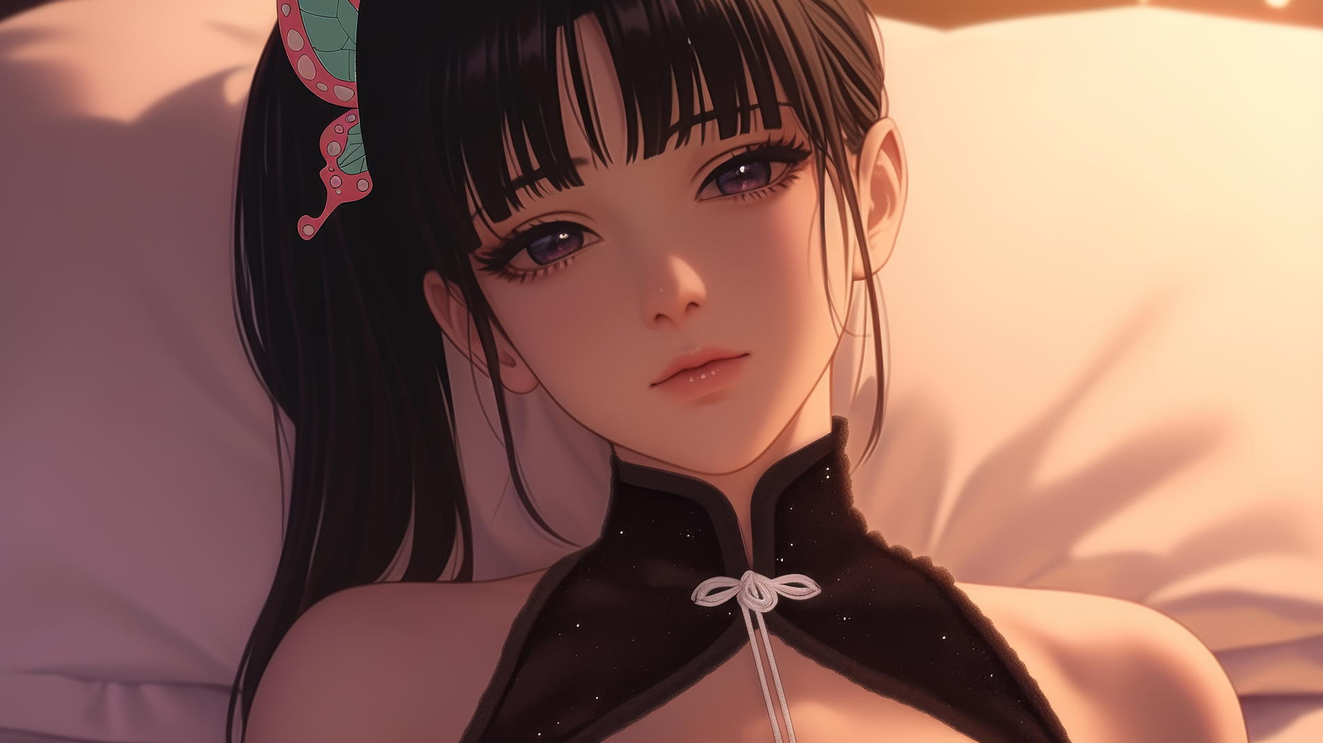 Kanao Tsuyuri from Demon Slayer resting in a modern hotel room with soft warm light