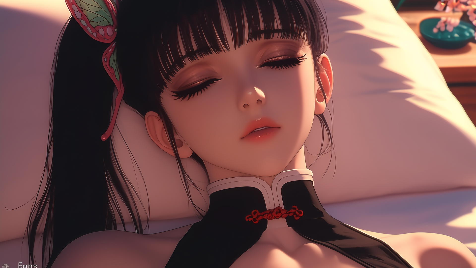 Kanao Tsuyuri resting in a modern hotel room with warm lighting