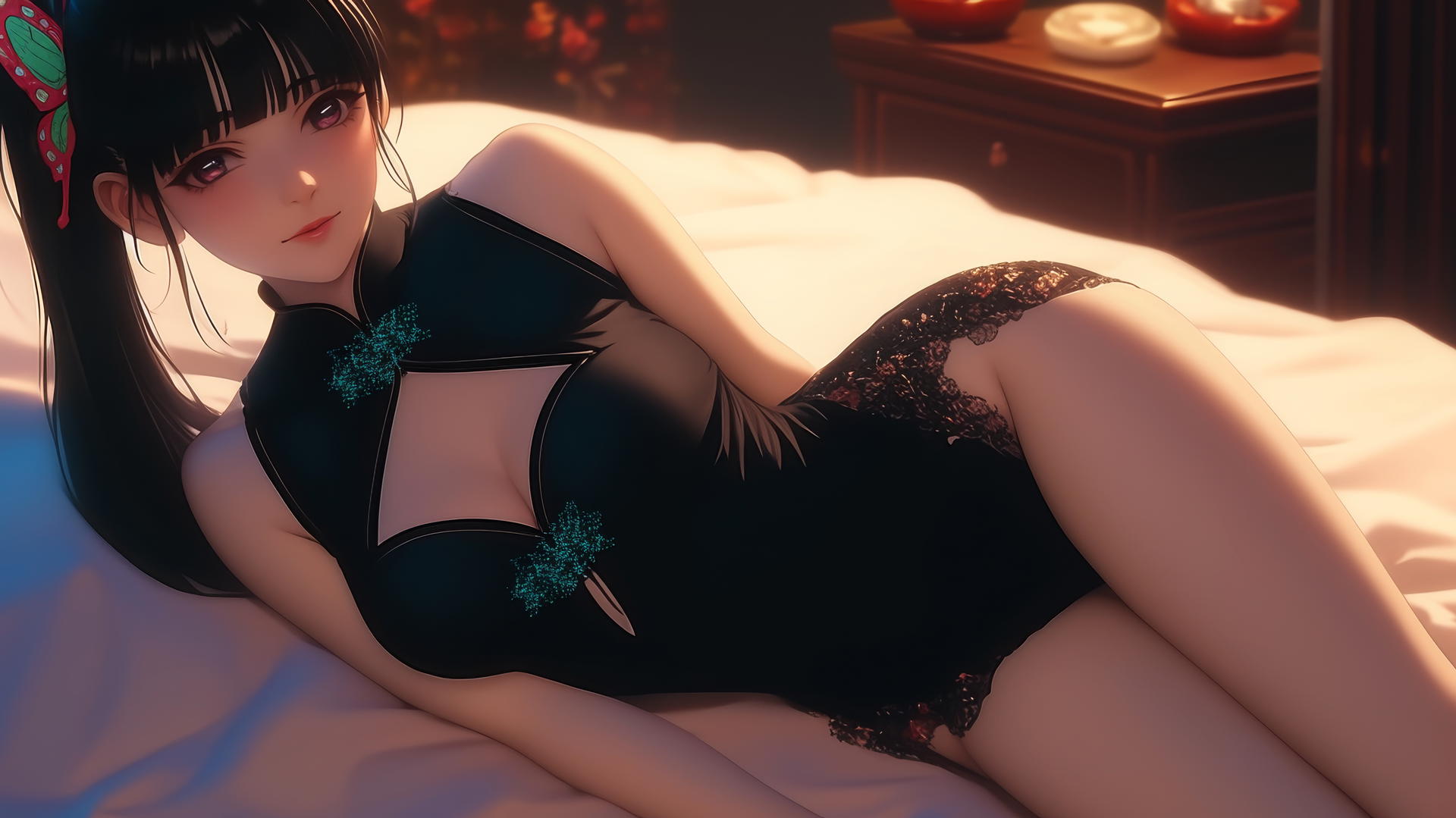 Kanao Tsuyuri resting in a modern hotel room, warm light highlighting her.