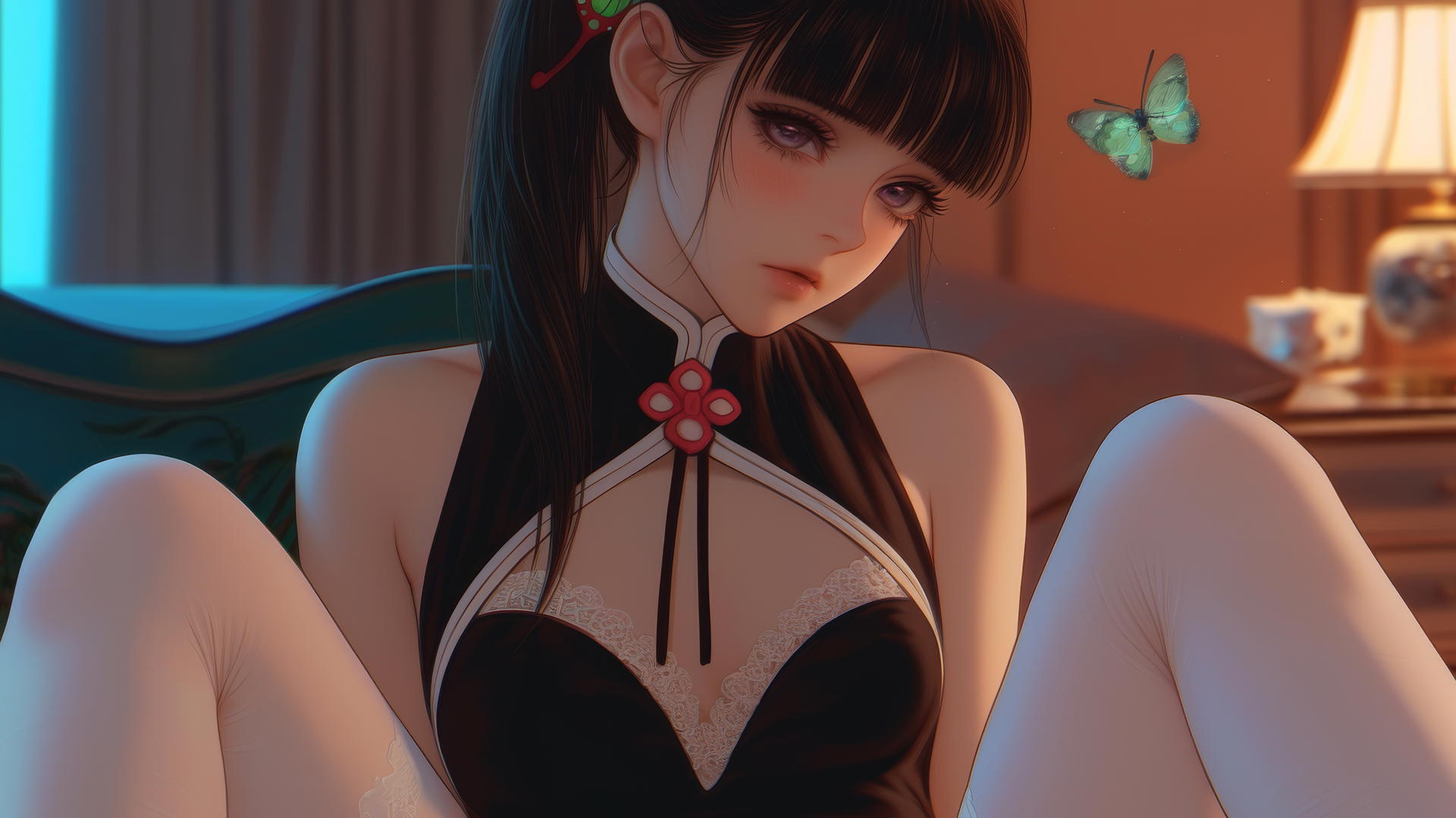 Kanao Tsuyuri from Demon Slayer resting in a modern hotel room with warm light