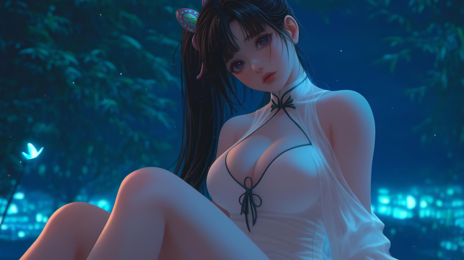 Kanao Tsuyuri from Demon Slayer kneeling, warm light highlighting her figure.