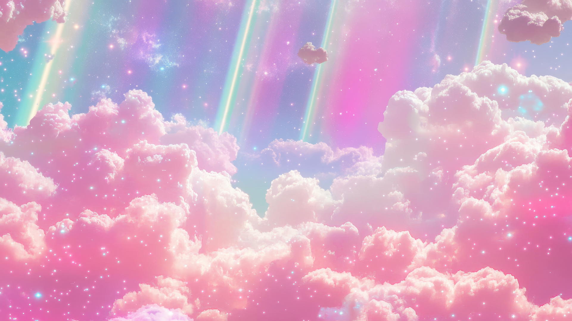 Pink Y2K wallpaper with neon pink clouds, pixelated stars, and holographic rainbows