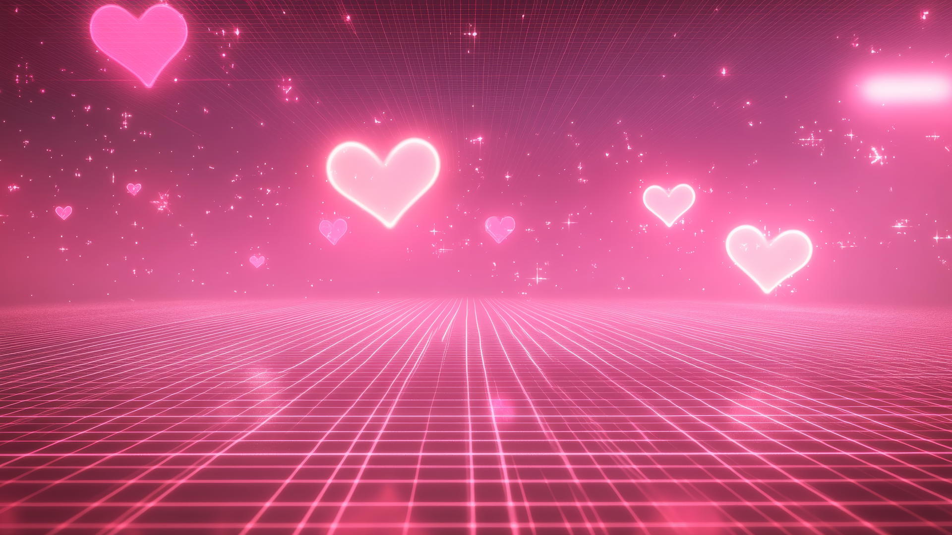 pink Y2K wallpaper with neon pink grid floor, holographic hearts, and pixelated stars