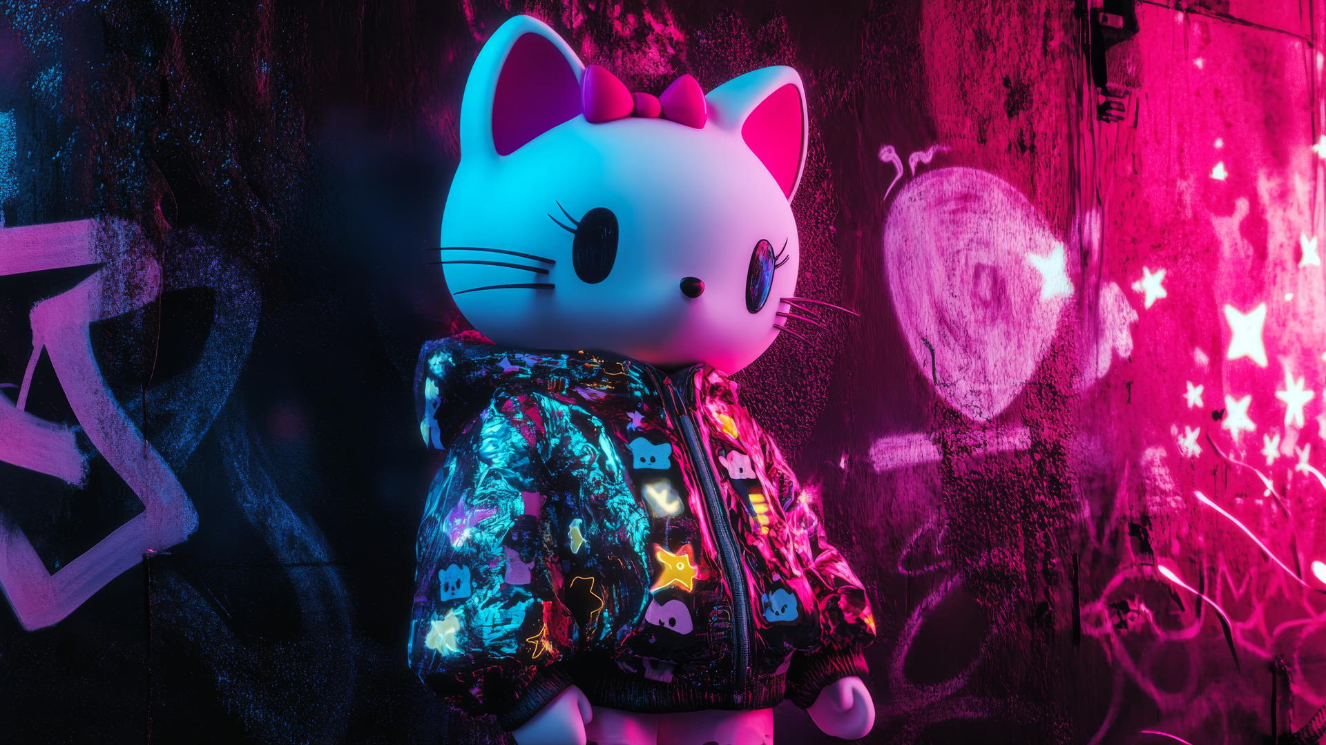 y2k hello kitty wallpaper aesthetic with holographic jacket, neon graffiti, pixelated stars, and glitch effects