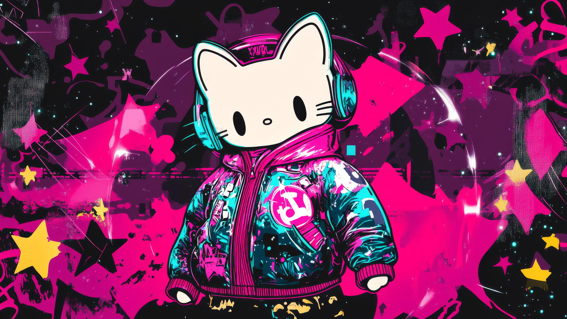 Y2K Hello Kitty wallpaper aesthetic with holographic jacket and neon graffiti