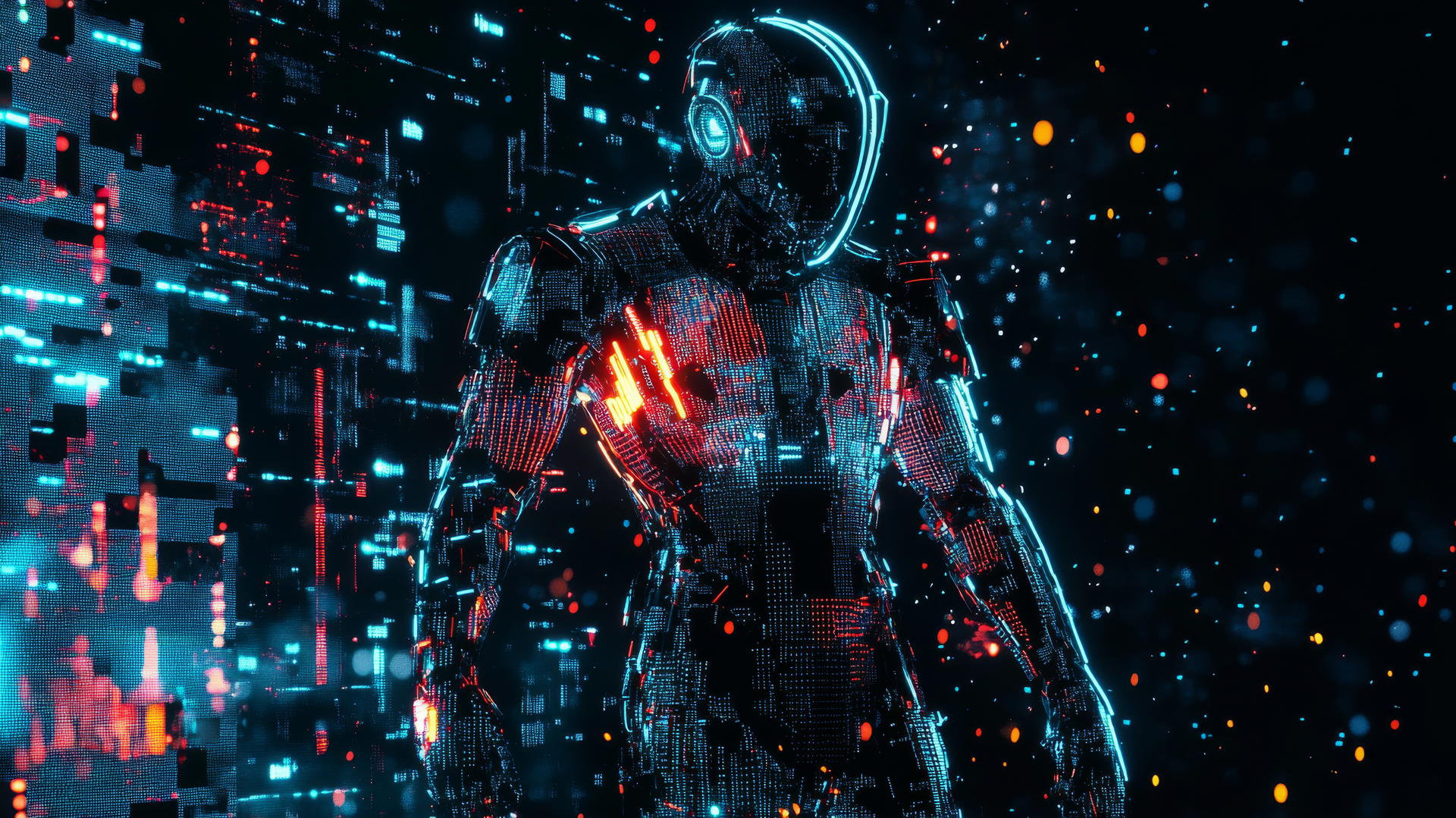 Cyber Y2K wallpaper with digital warrior in glowing neon armor on black battlefield