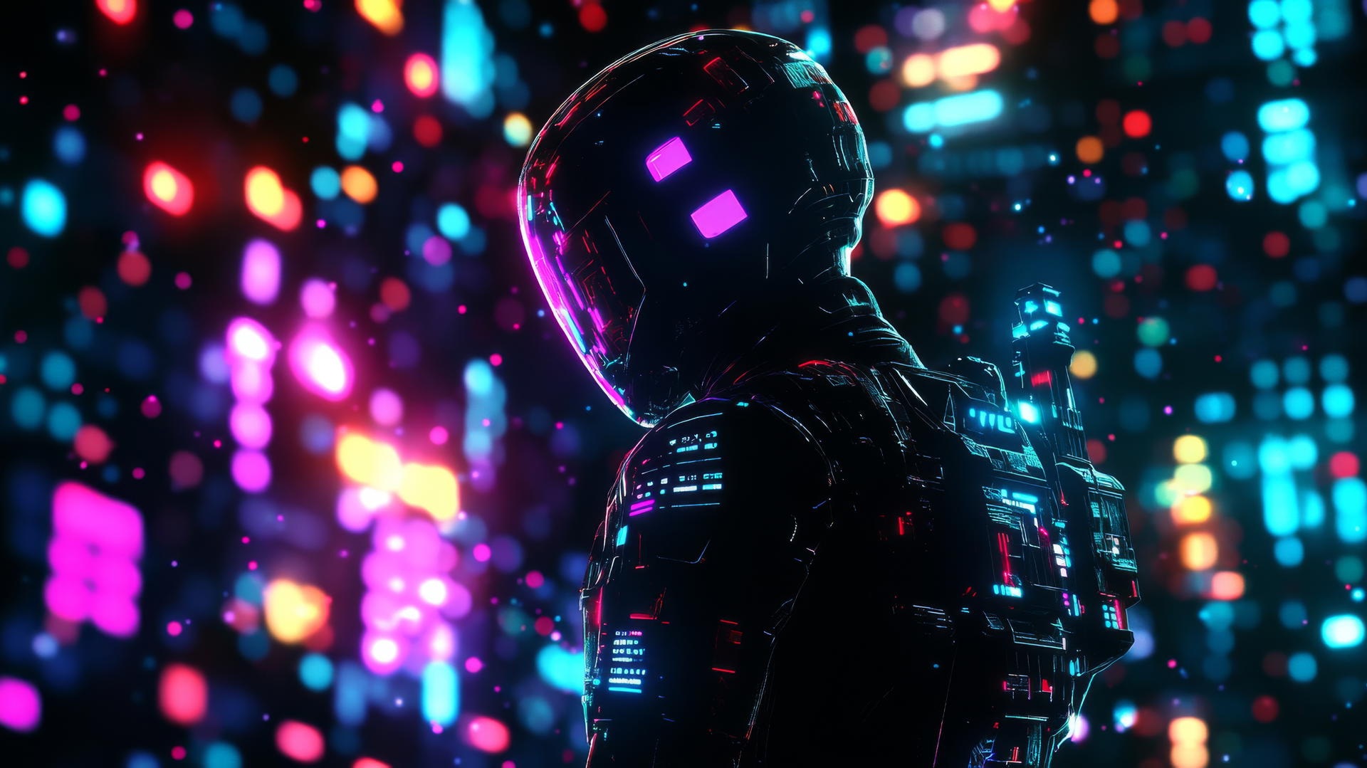 cyber y2k wallpaper black with digital warrior in neon armor