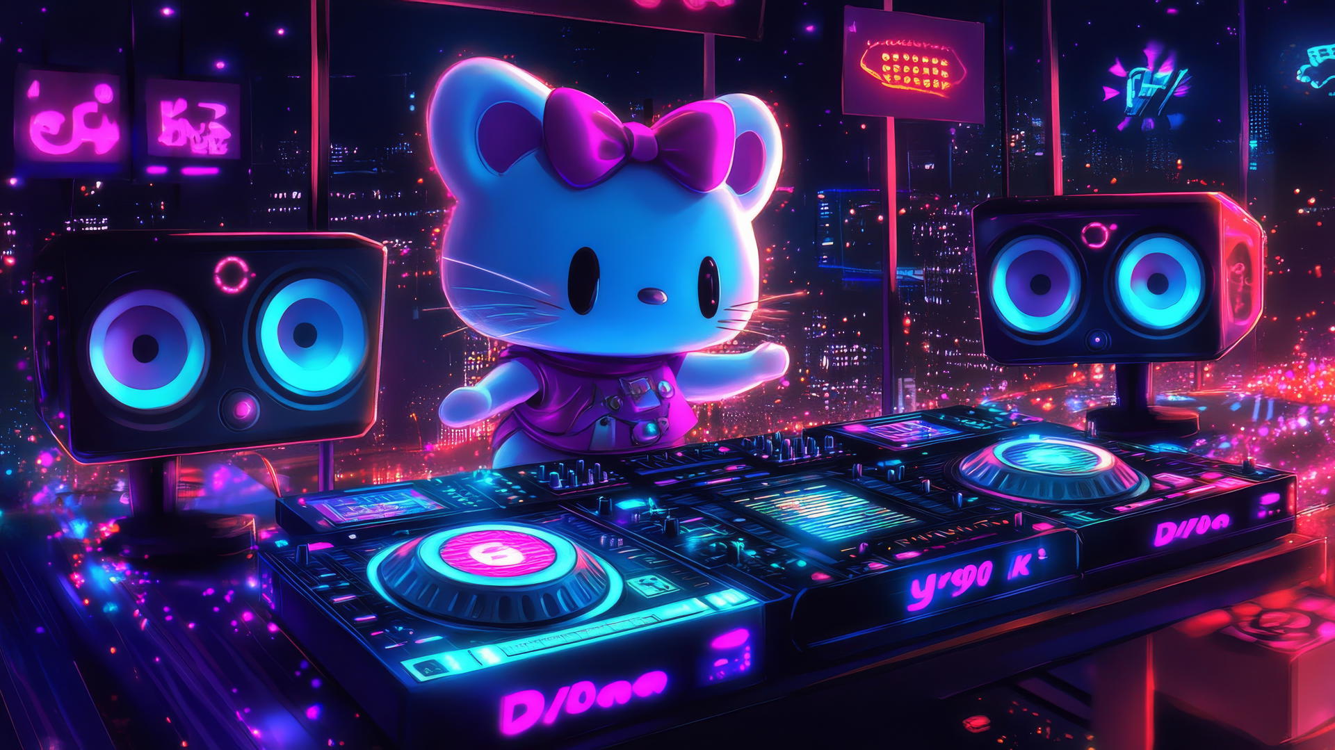 Y2K Hello Kitty wallpaper with Hello Kitty as a DJ in a neon nightclub
