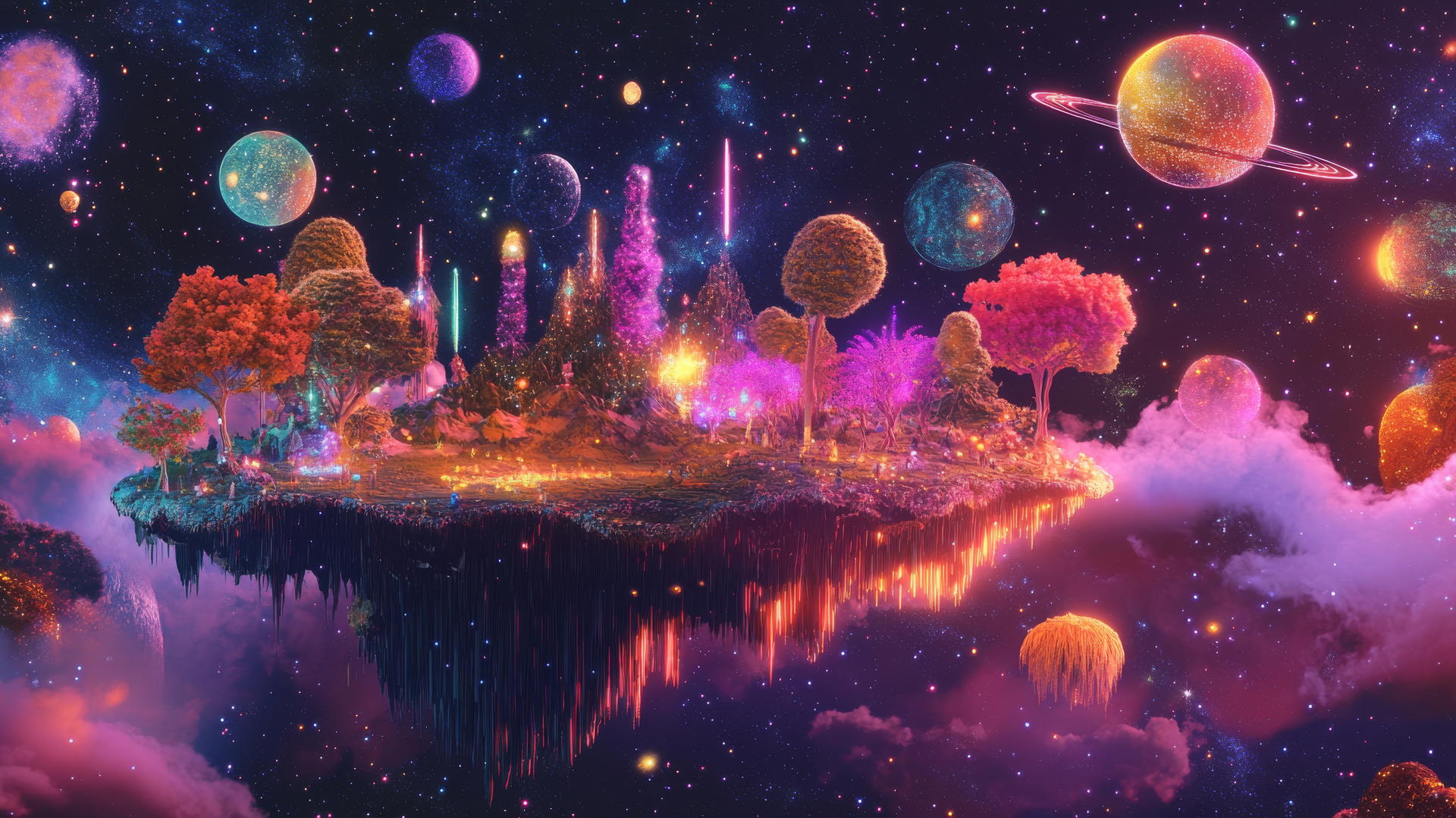 Y2K star wallpaper with floating digital island, neon trees, animals, and holographic constellations
