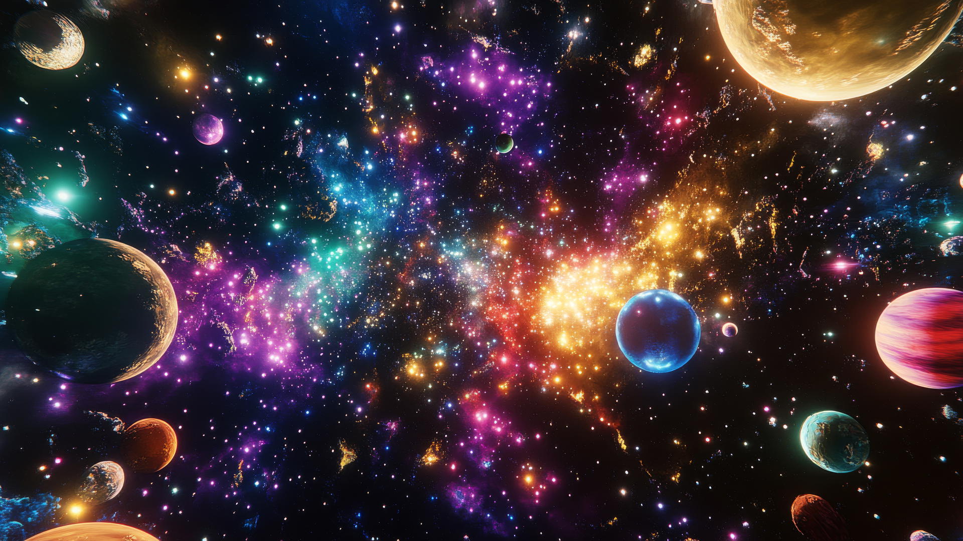 Y2K star wallpaper with neon clusters, pixelated planets, and holographic comets