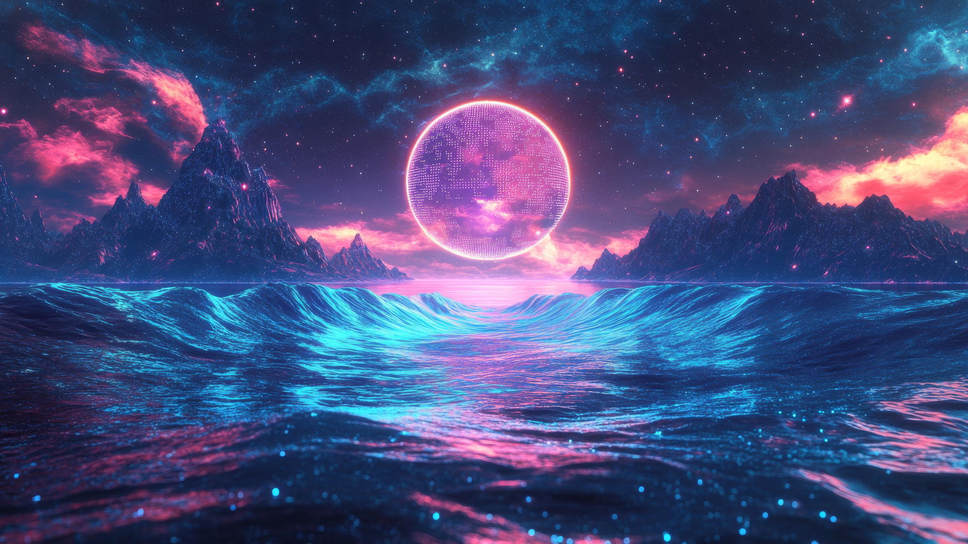 cyber Y2K wallpaper with neon waves, glowing digital fish, pixelated moon, and holographic starry sky