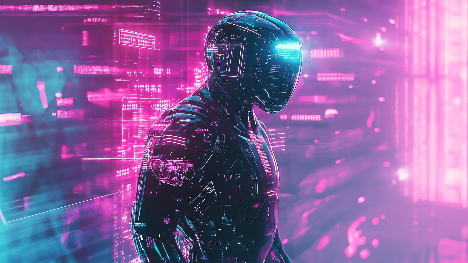 cyber Y2K wallpaper with digital warrior in neon battle suit, glowing circuits