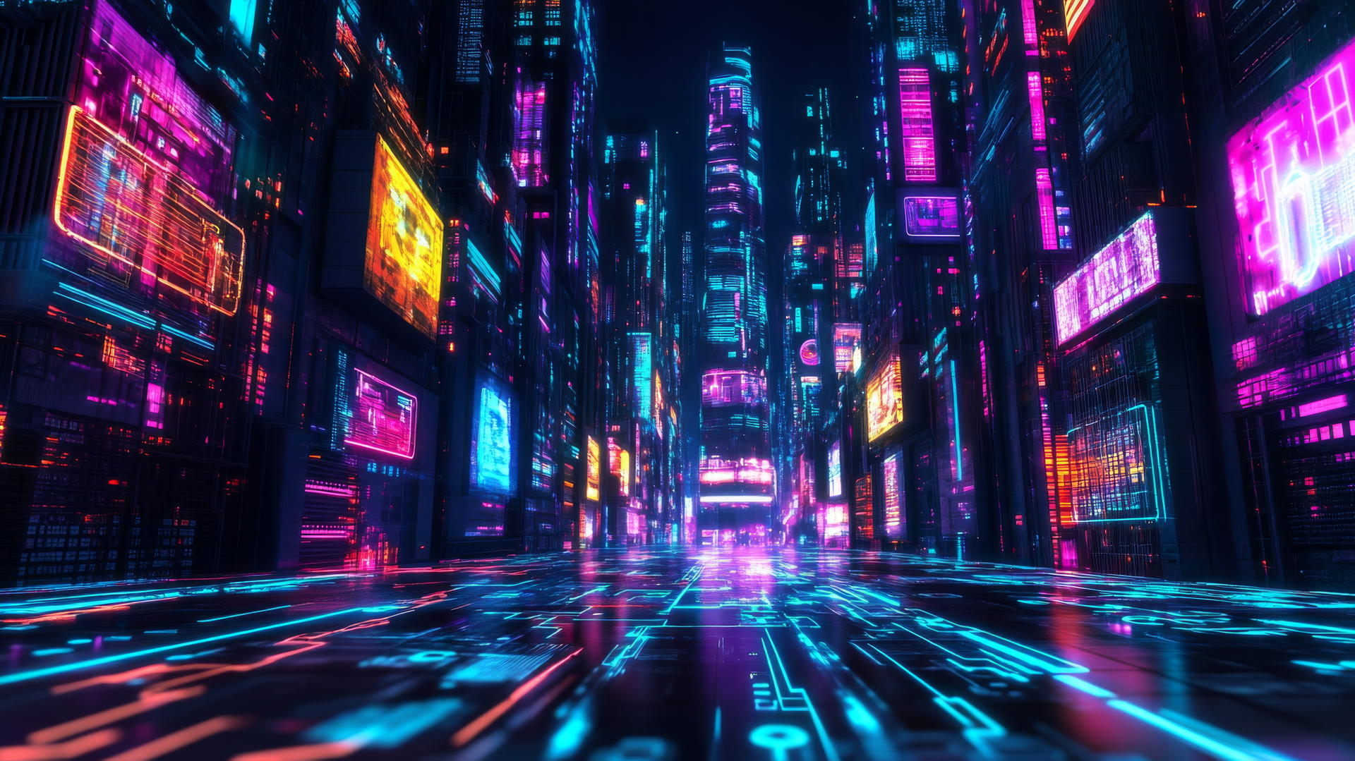 cyber y2k wallpaper with neon-lit digital city, holographic skyscrapers, glowing circuit patterns, and glitchy billboards.