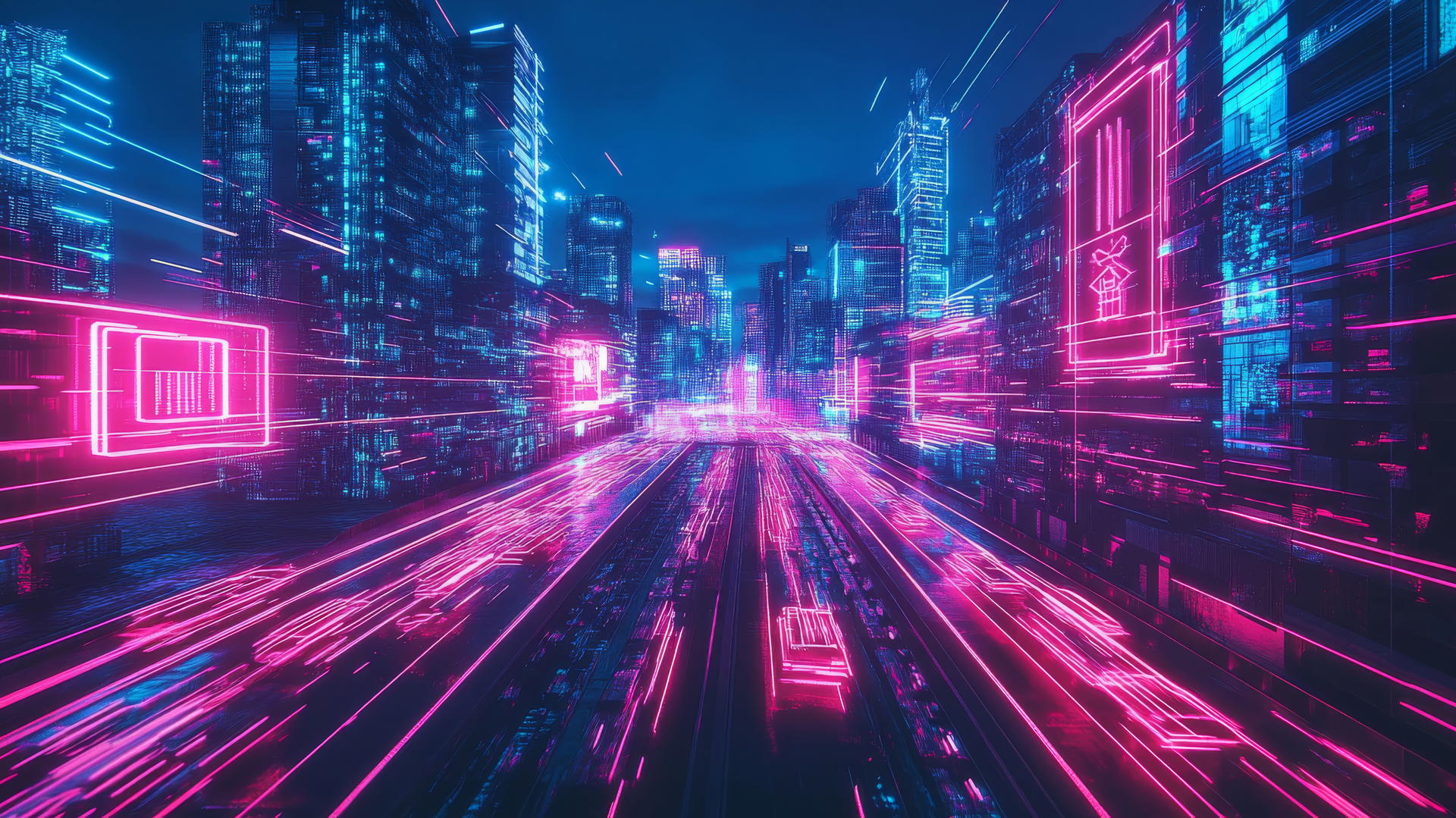 Y2K aesthetic wallpaper with a digital highway, neon city, and pixelated cars