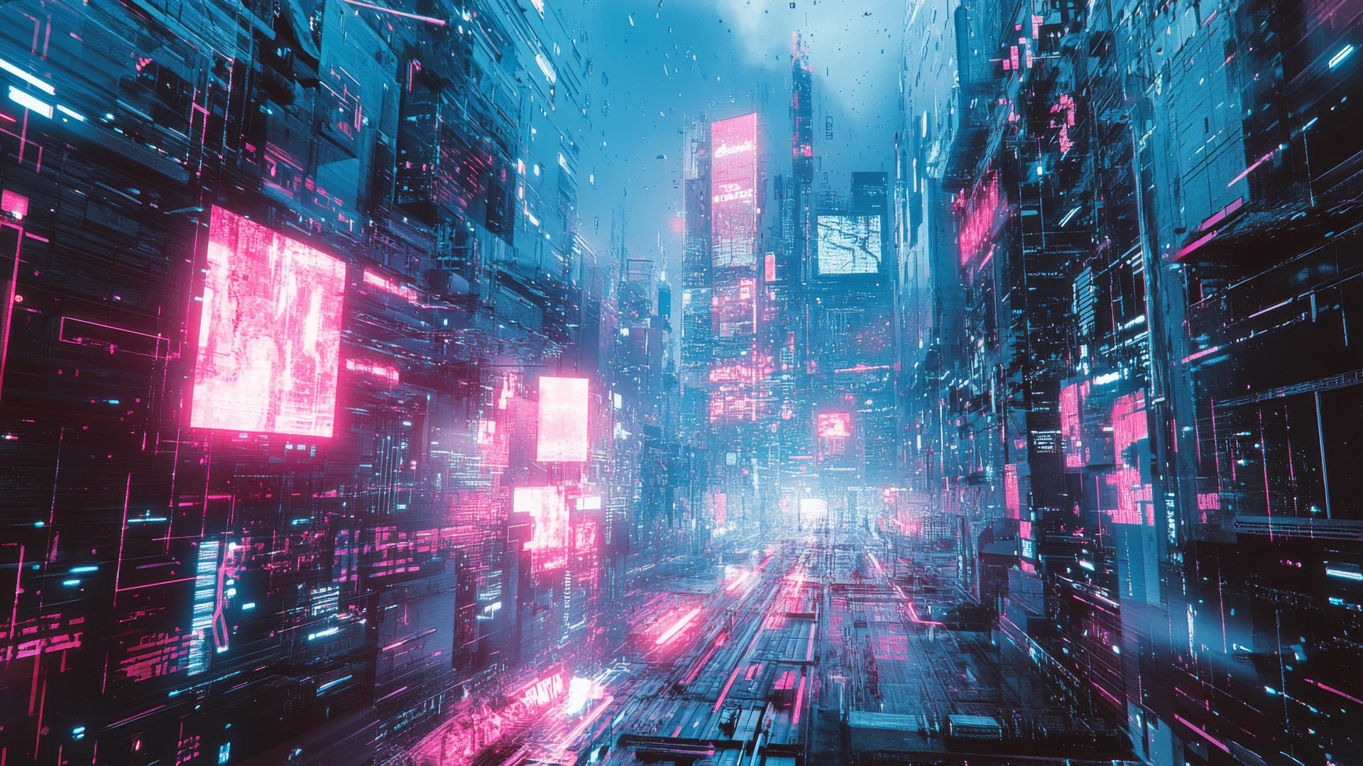 Y2K aesthetic wallpaper with a futuristic metallic cityscape, neon lights, and pixelated elements.