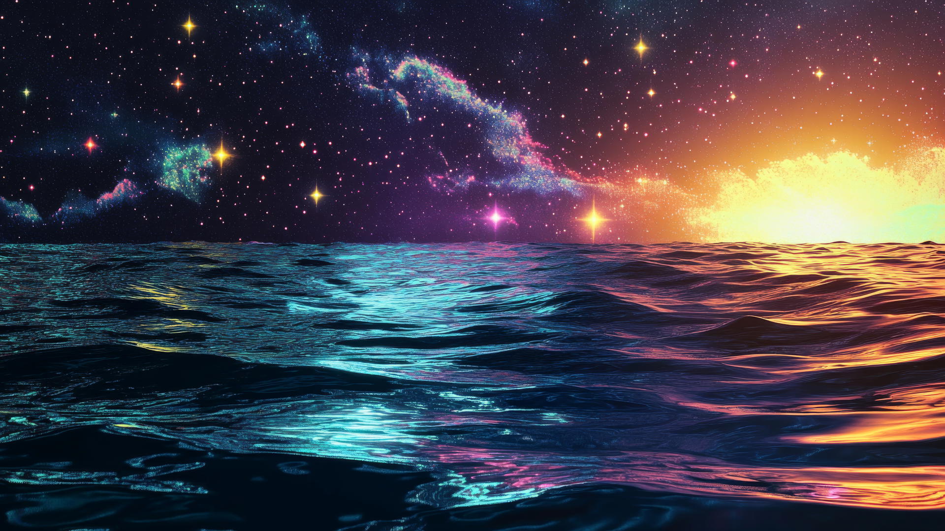 cyber y2k star wallpaper with digital ocean, neon star reflections, glitch effects