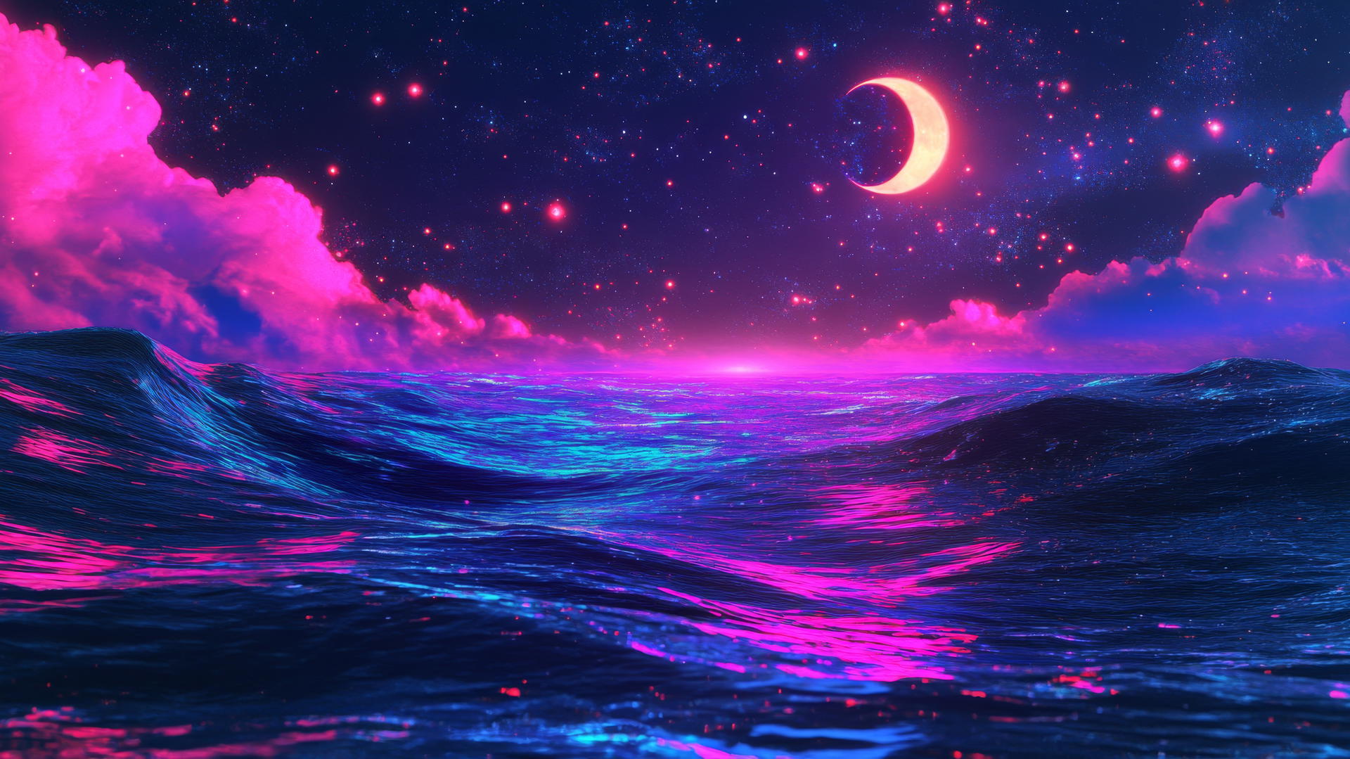 star wallpaper y2k with starry digital ocean, neon waves, glowing digital moon, pixelated stars, holographic reflections