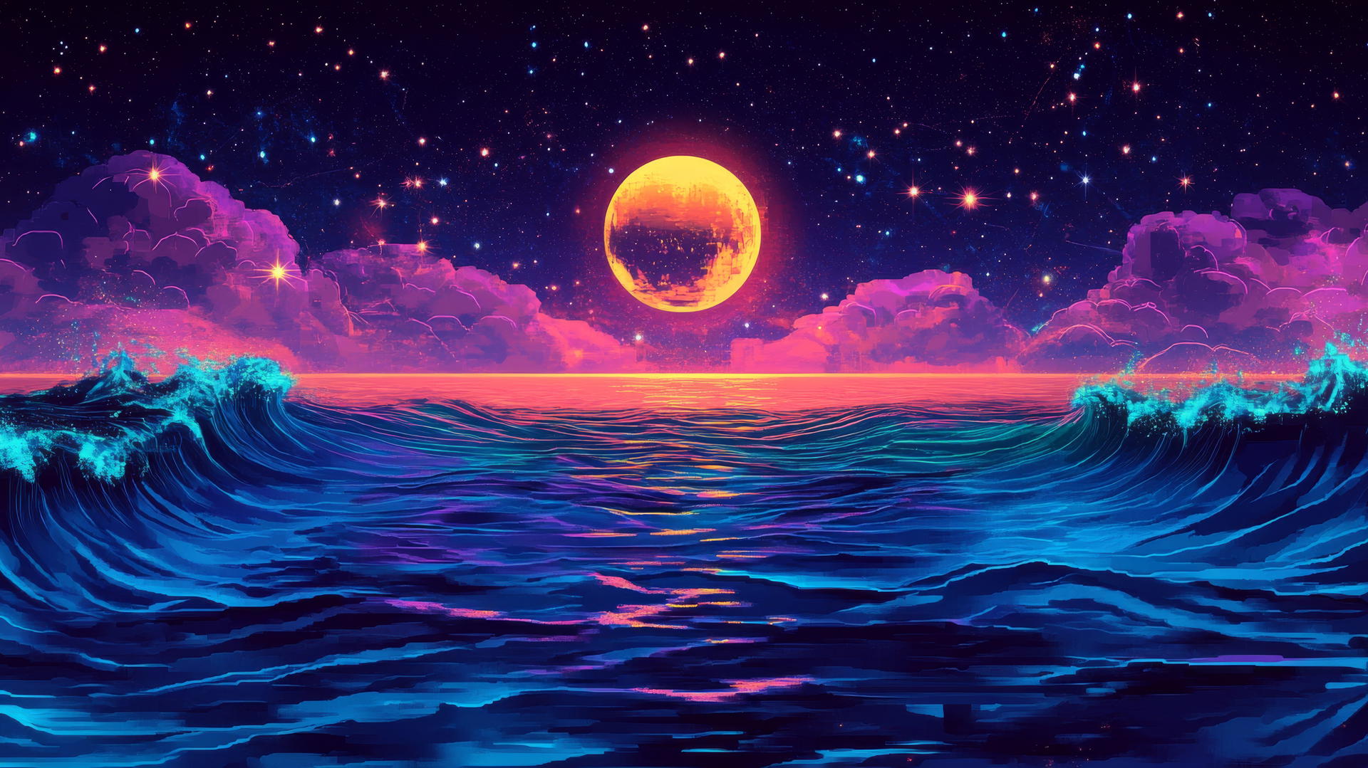 star wallpaper y2k with neon waves, digital moon, pixelated stars, and holographic reflections