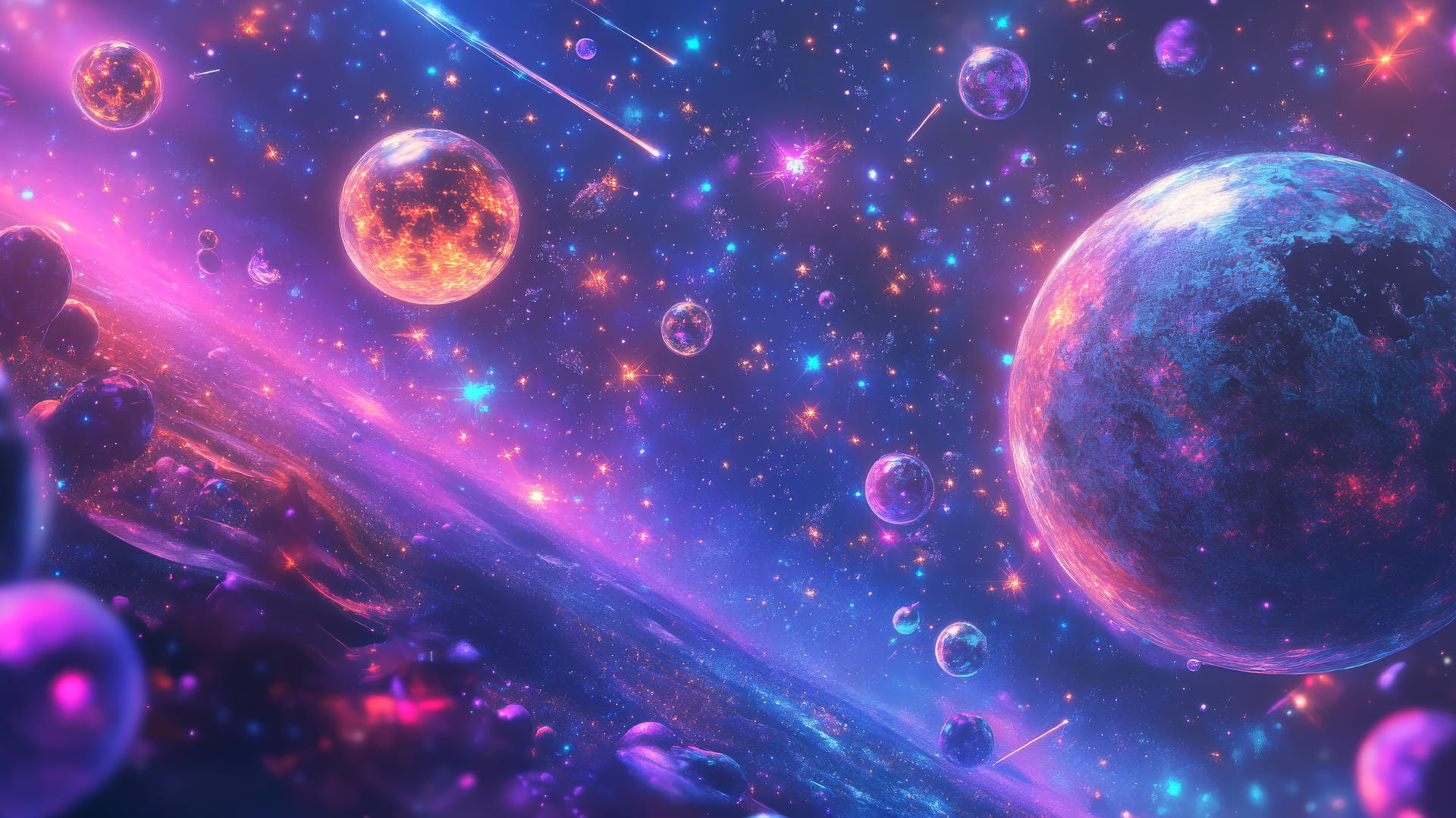 Y2K star wallpaper with neon stars, glowing planets, and pixelated shooting stars