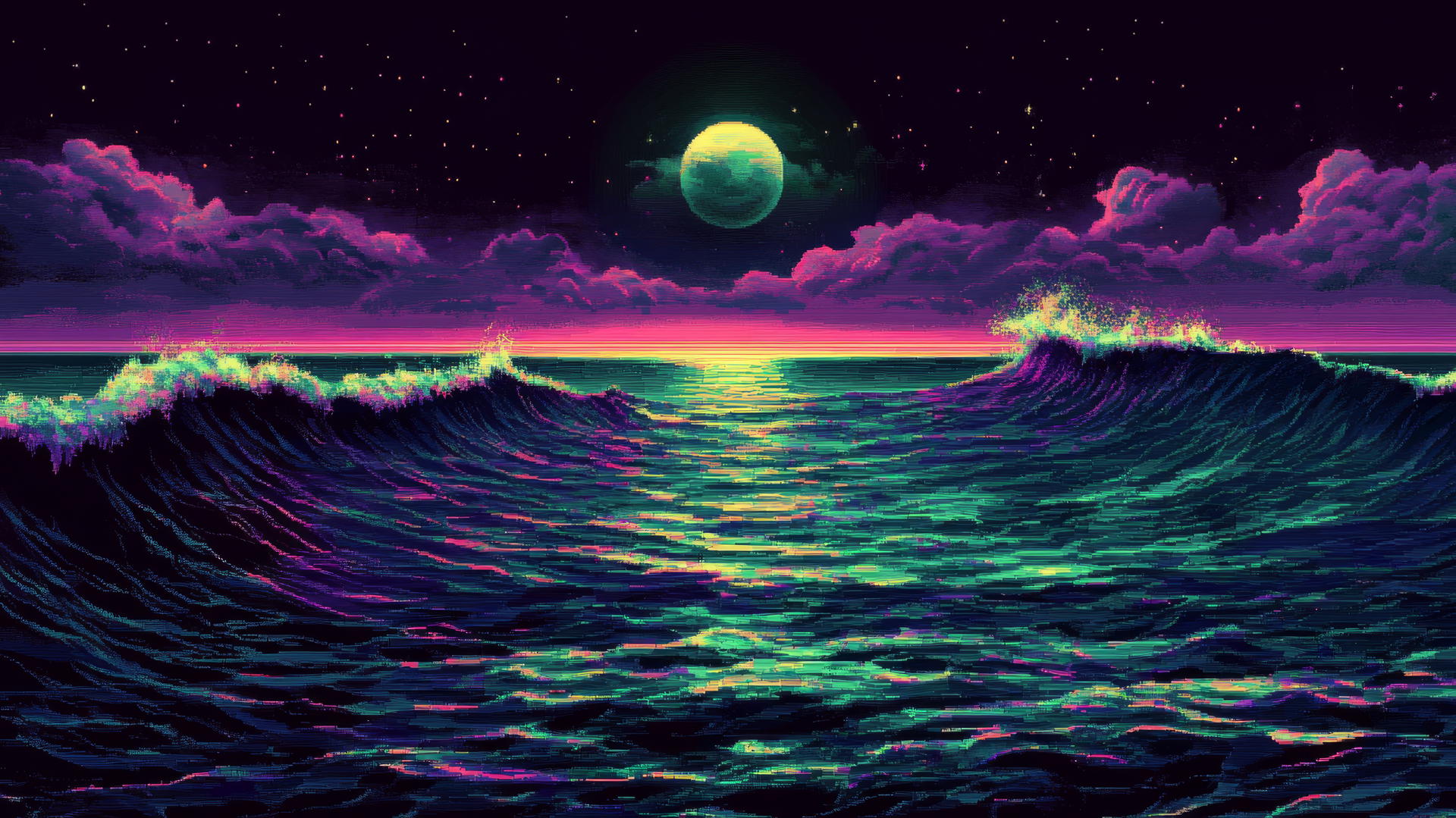 Y2K wallpaper black with a digital ocean, neon waves, pixelated fish, and glowing moon.