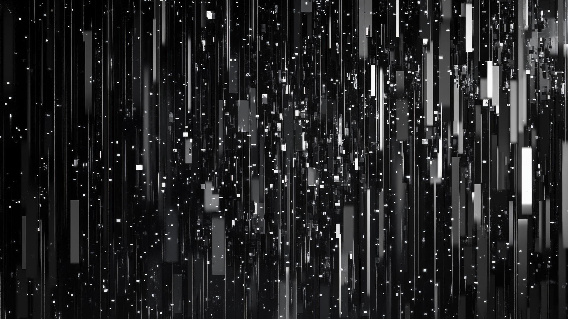 Y2K wallpaper black with abstract digital shapes, pixelated rain, and glitch effects.