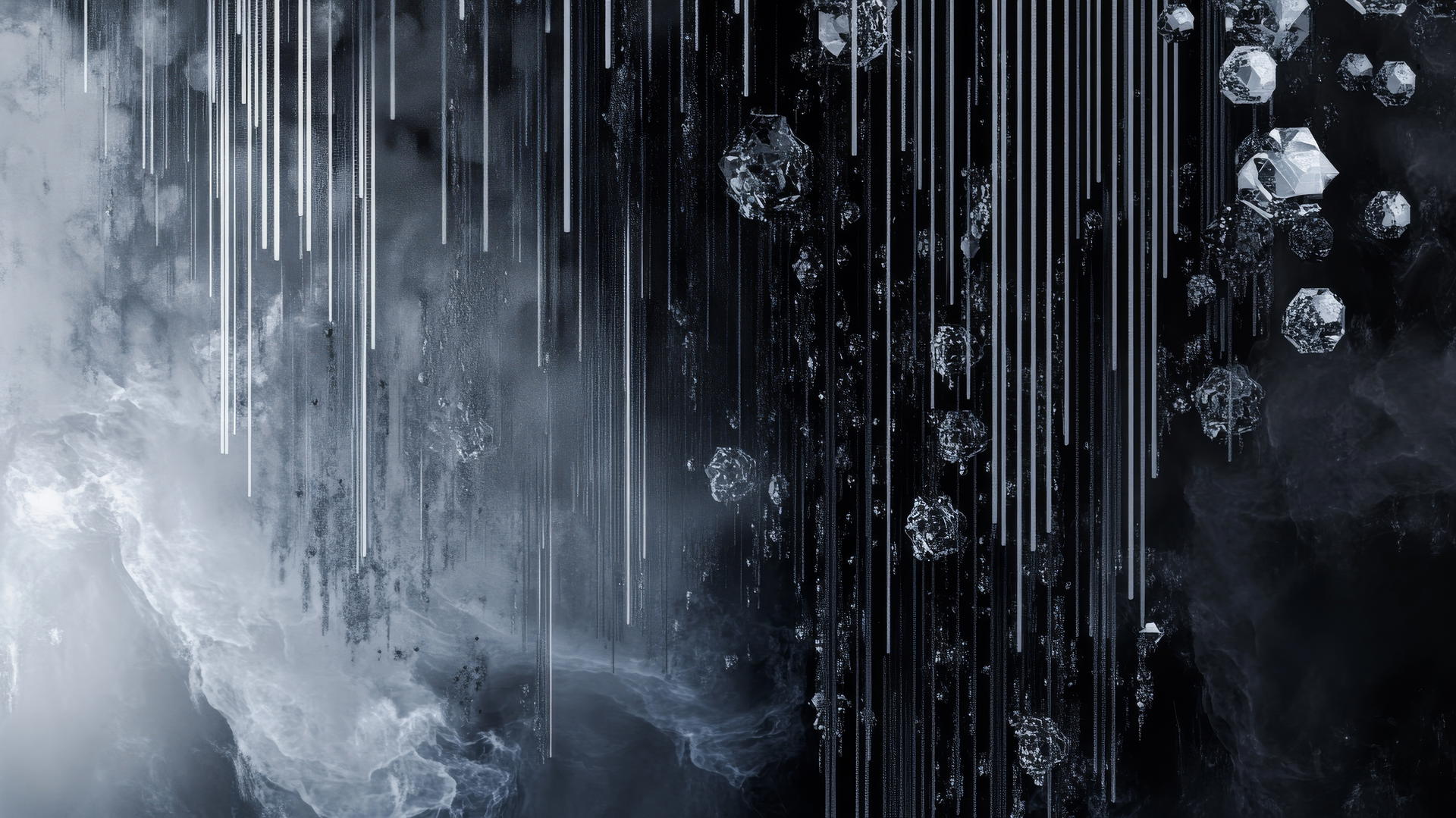 Y2K wallpaper black with silver abstract shapes, pixelated rain, glitchy effects