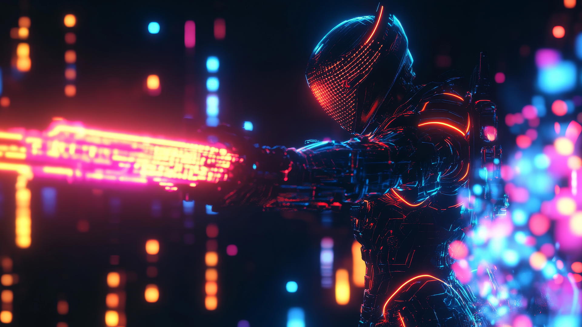 cyber Y2K wallpaper black with digital warrior silhouette, neon armor, pixelated circuits