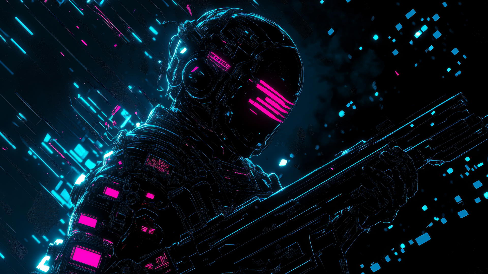 cyber Y2K wallpaper black with digital warrior in neon armor on pixelated battlefield