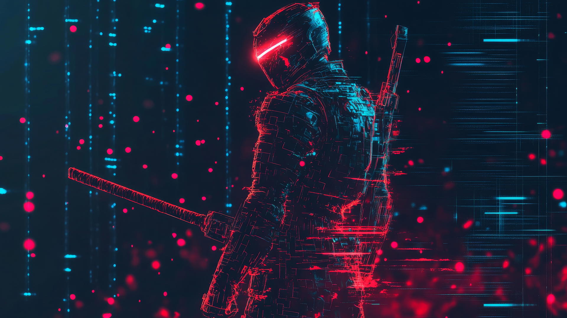 cyber Y2K wallpaper black, digital warrior with neon armor