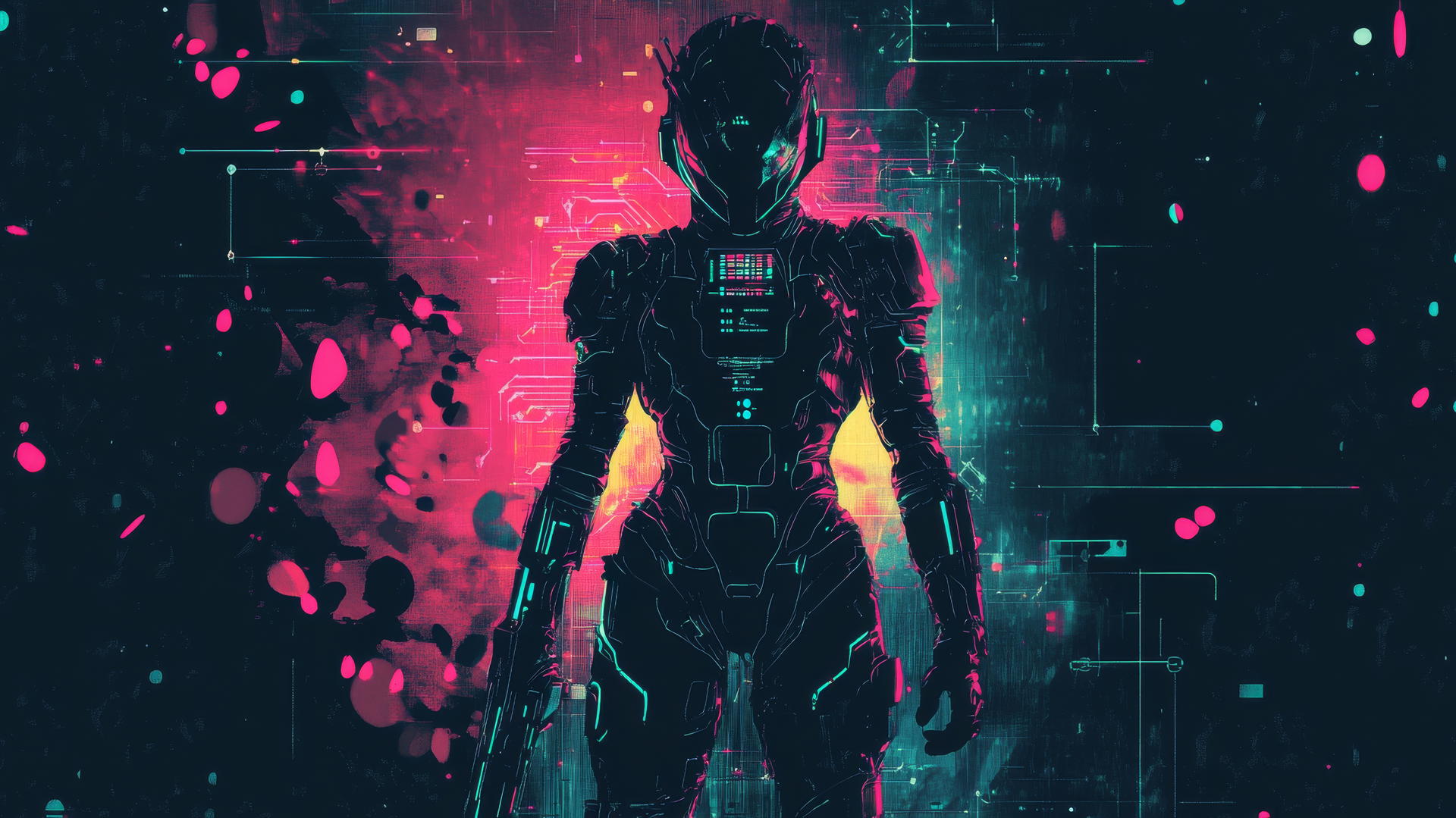 Cyber Y2K wallpaper black with digital warrior silhouette, neon armor, pixelated circuits, and holographic weapons.