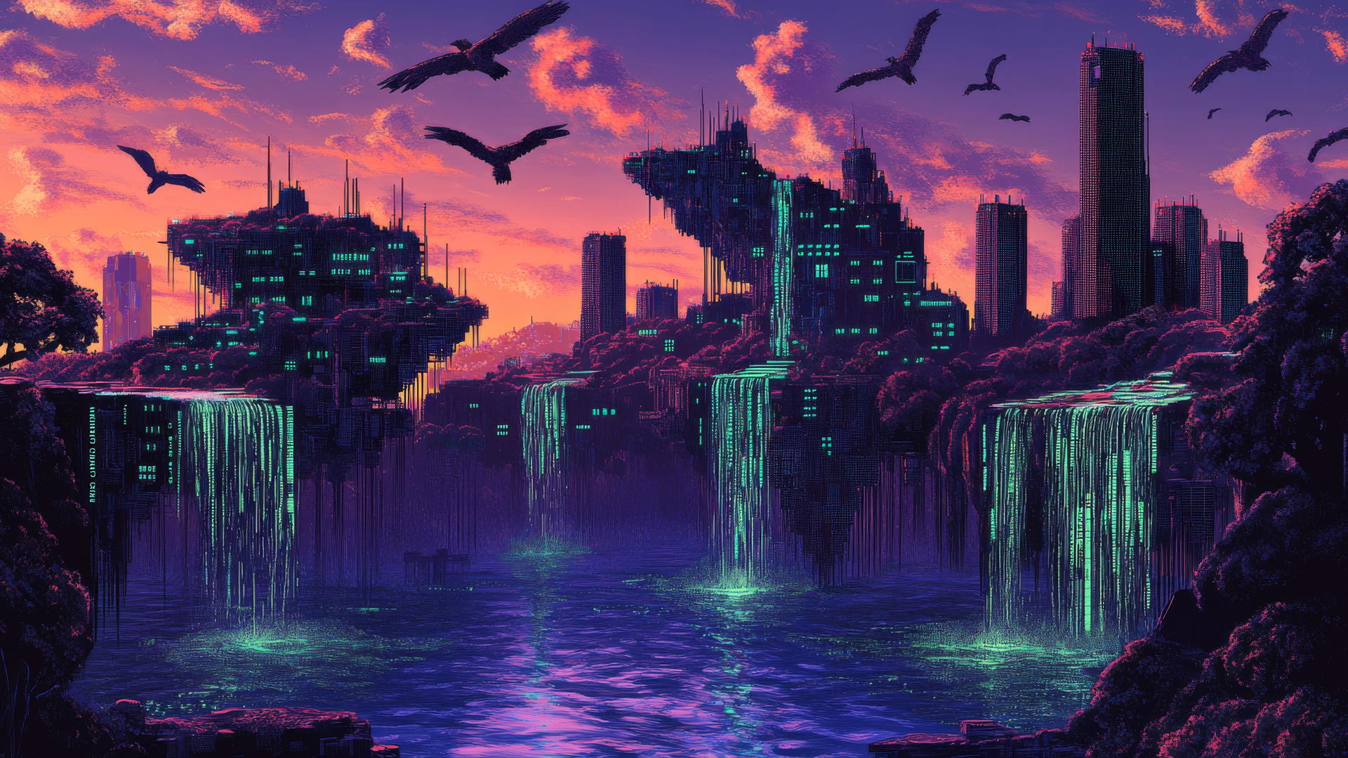 Y2K wallpaper with floating circuit board islands, binary code waterfalls, neon sea