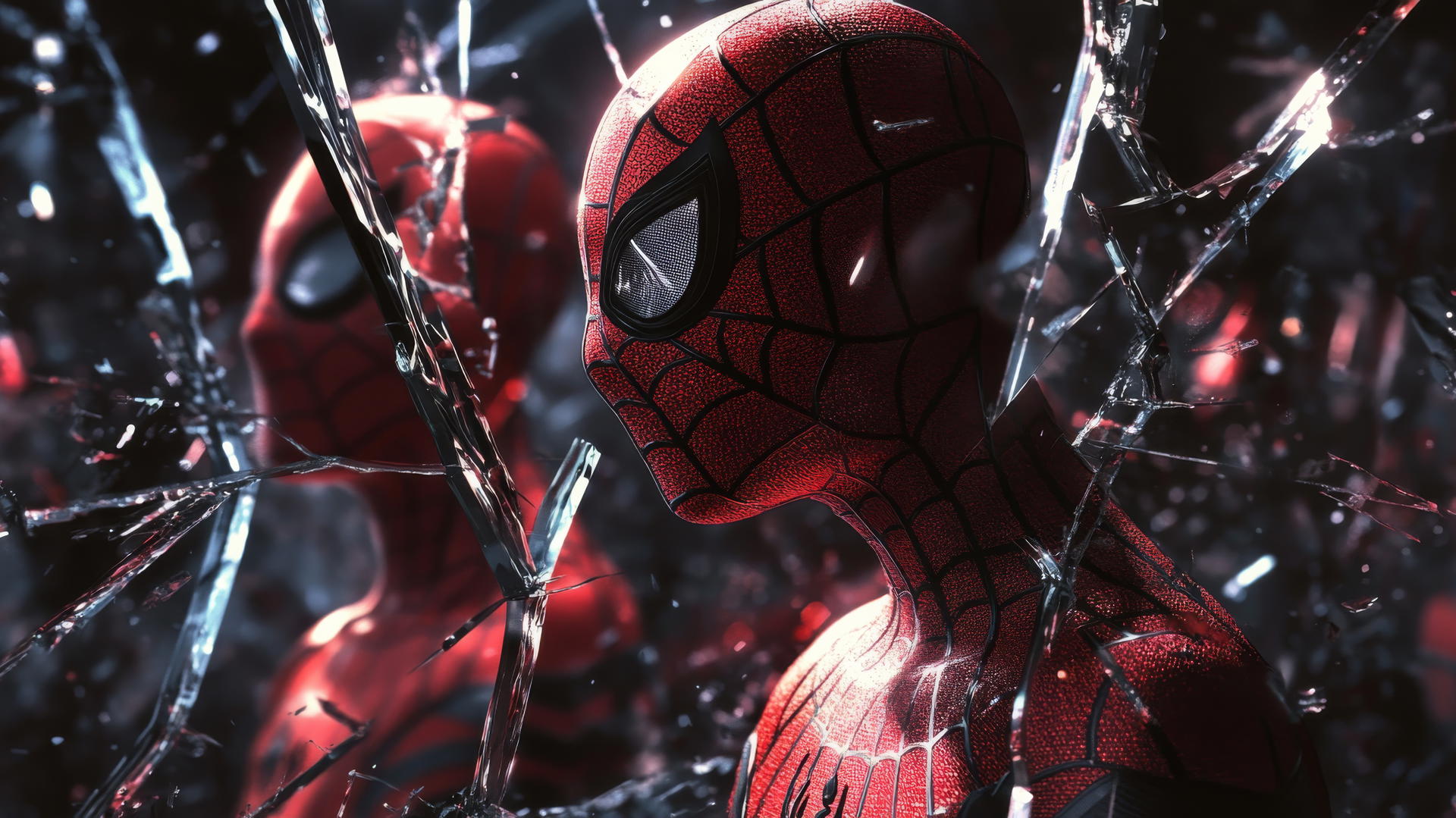 Spider-Man looking into a shattered mirror with multiple reflections, wallpaper spider man