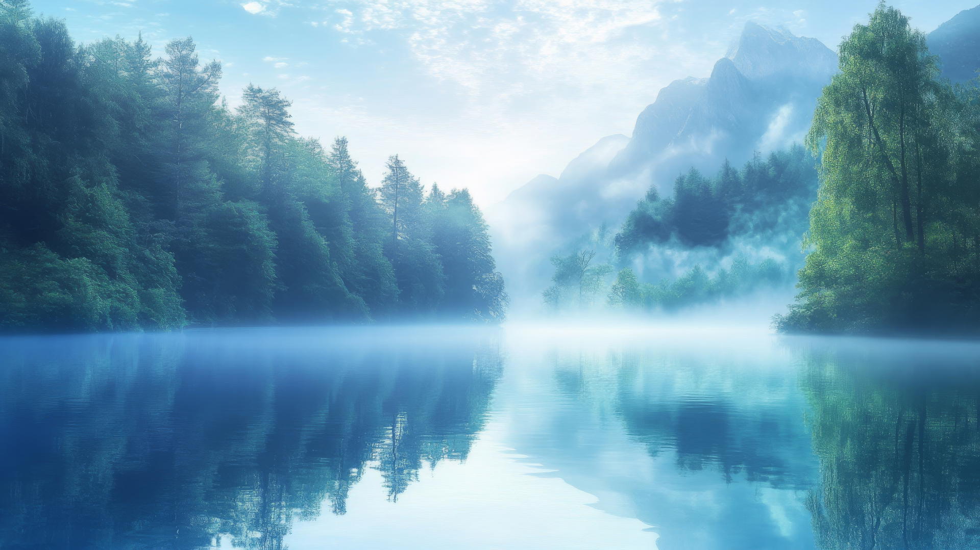 Wallpaper blue tranquil lakescape at dawn with mist and lush trees.