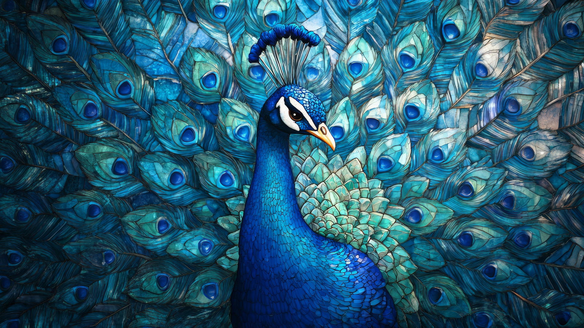 wallpaper blue mosaic of peacock with vibrant feathers