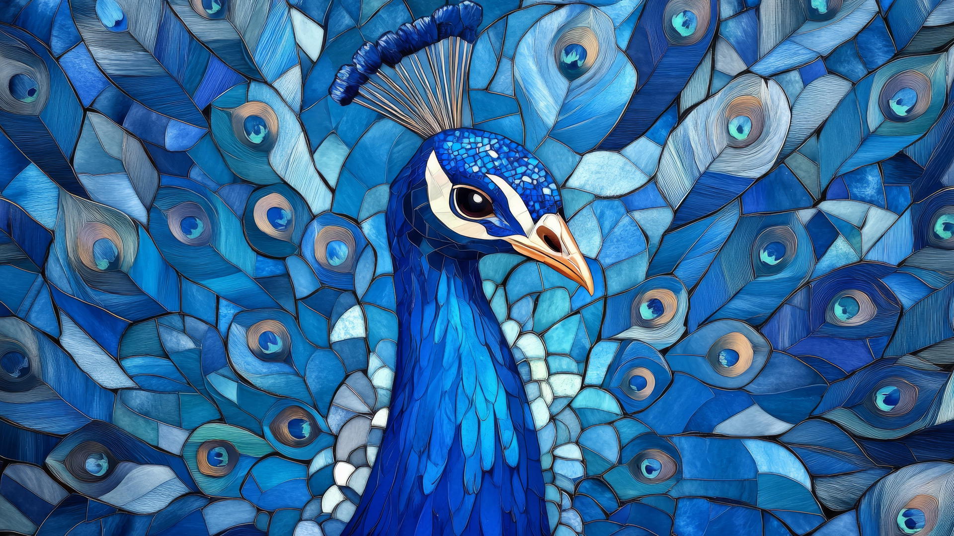 wallpaper blue, stylized mosaic of a peacock with vibrant blue feathers
