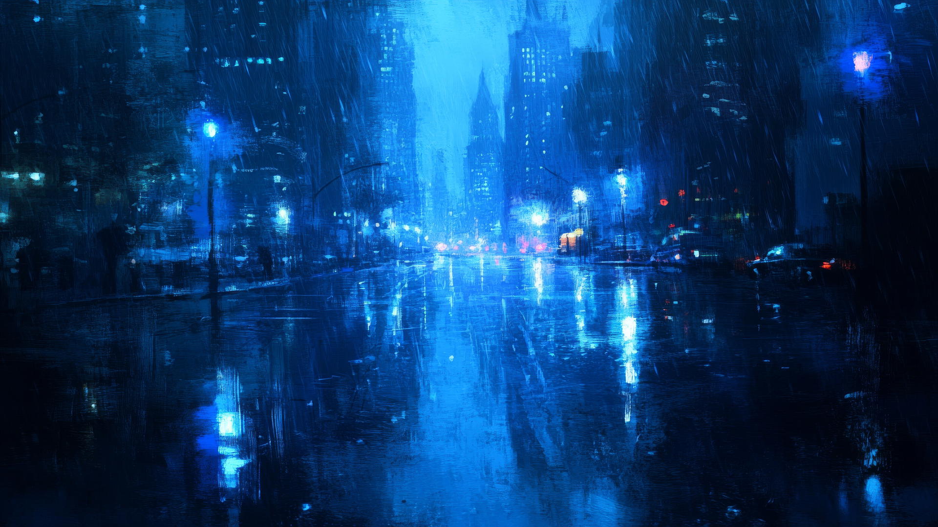 wallpaper blue, rainy city street with reflections and blue tones
