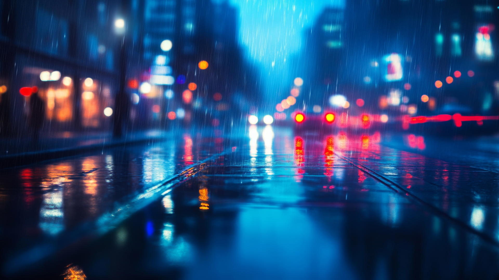 Wallpaper blue rainy city street with shimmering reflections
